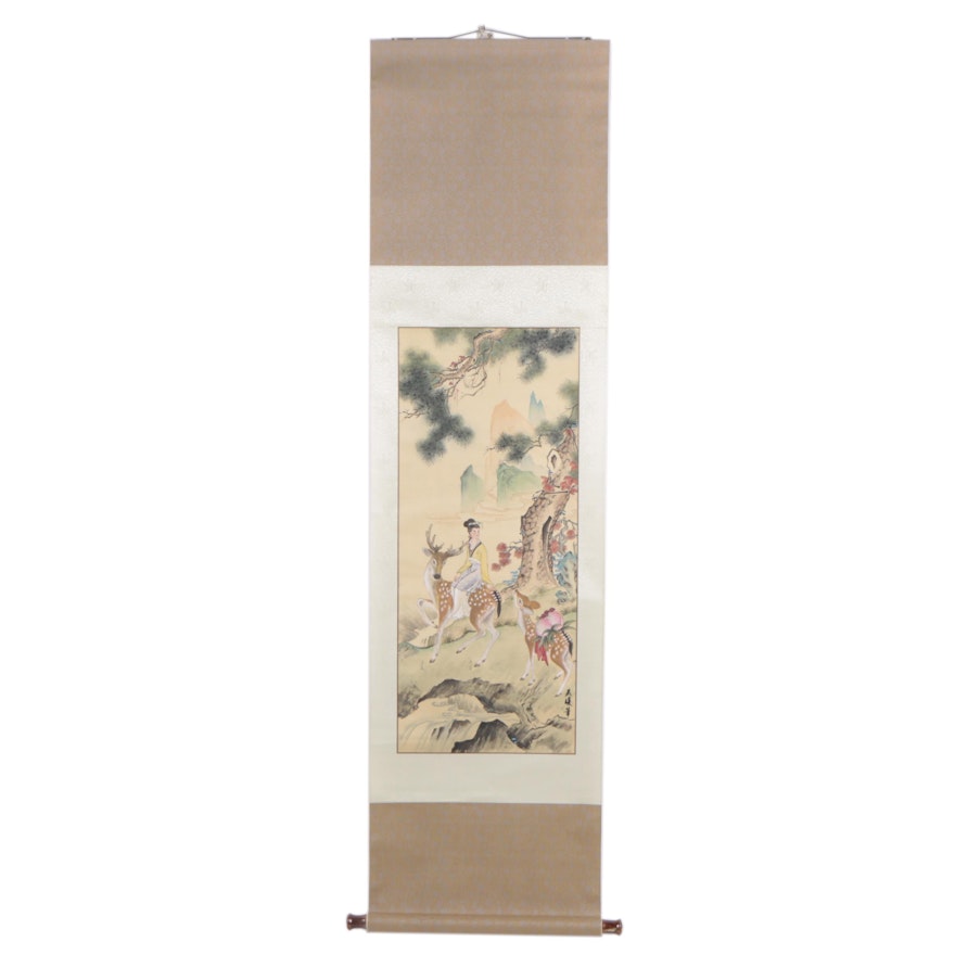 Chinese Gouache Silk Hanging Scroll of Woman and Deer