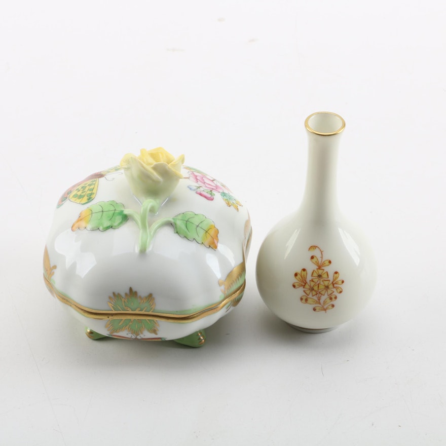 Herend Hungary Floral Motif Trinket Dish and Bud Vase