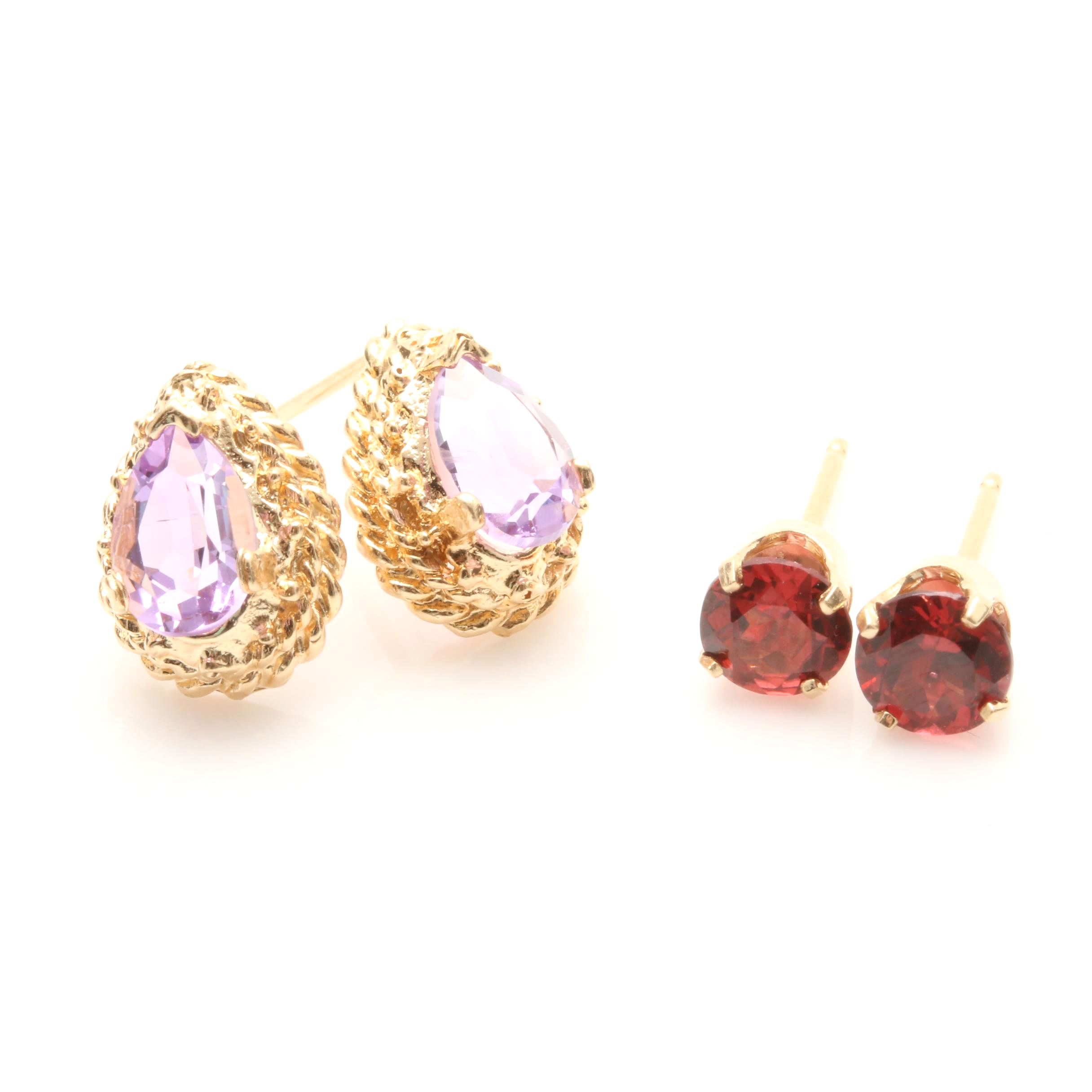 14K Yellow Gold Garnet and Amethyst Earrings