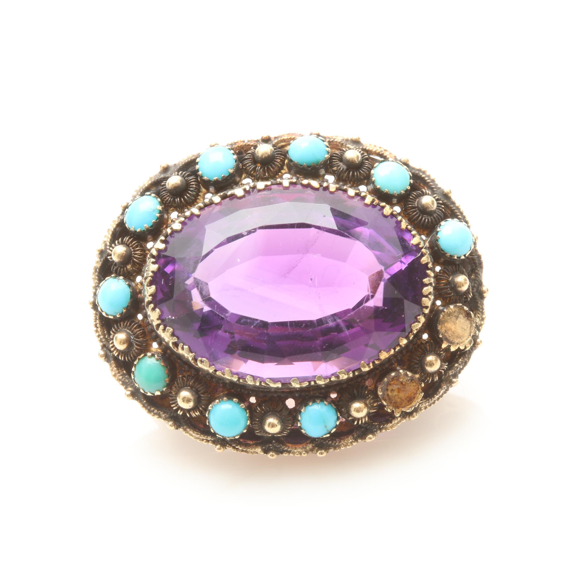 Vintage 10K Yellow Gold Amethyst and Turquoise Brooch