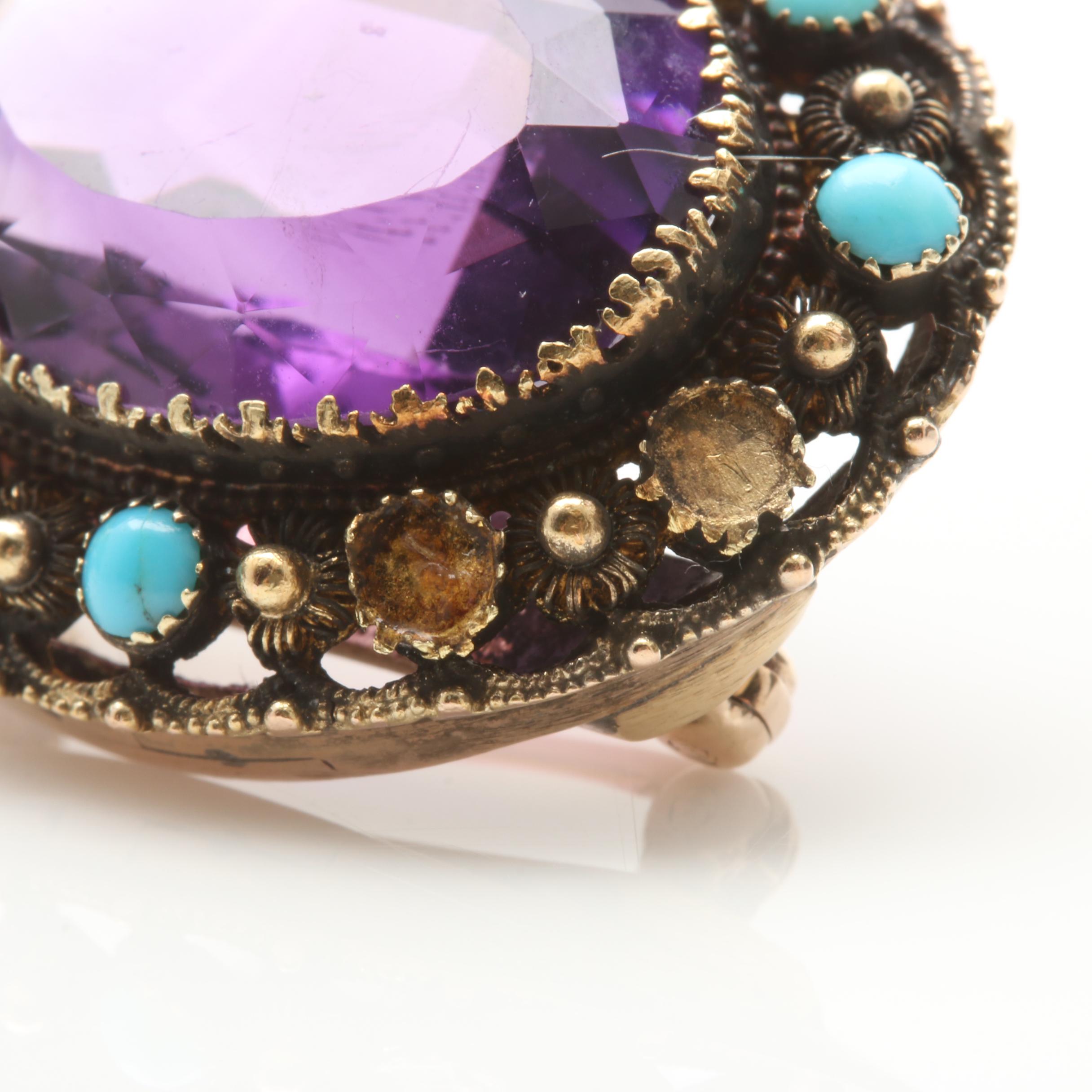 Vintage 10K Yellow Gold Amethyst and Turquoise Brooch