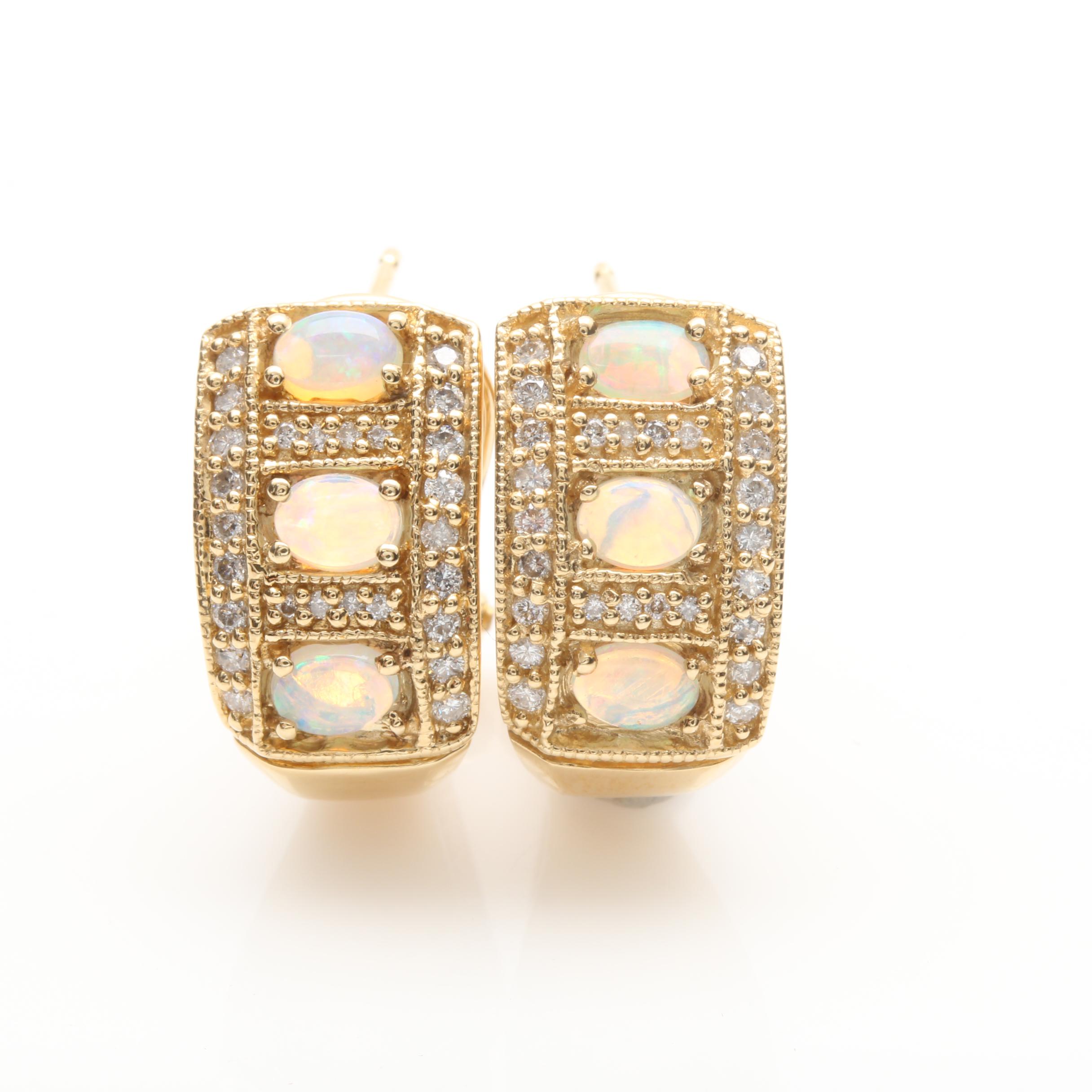 14K Yellow Gold Opal and Diamond Earrings