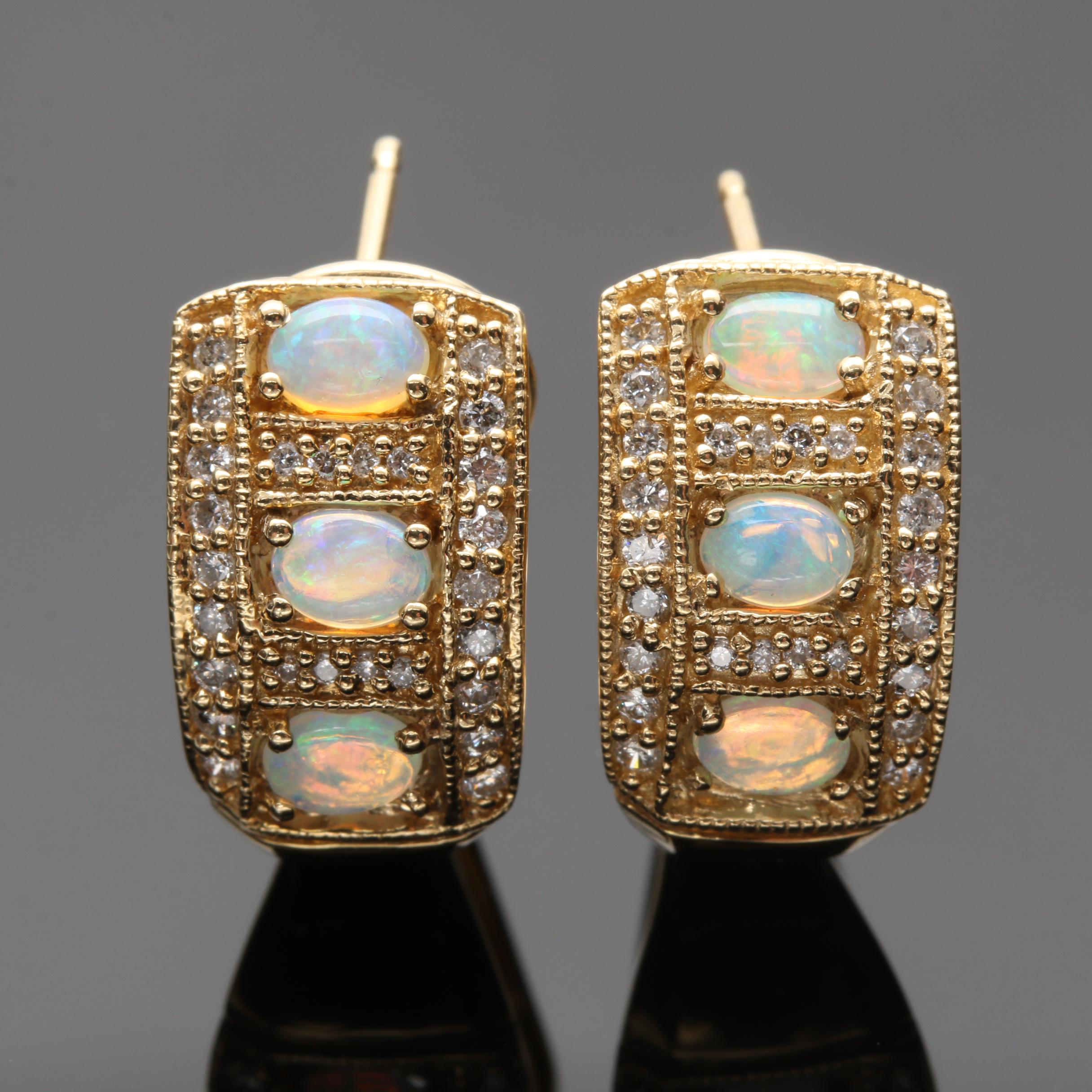14K Yellow Gold Opal and Diamond Earrings