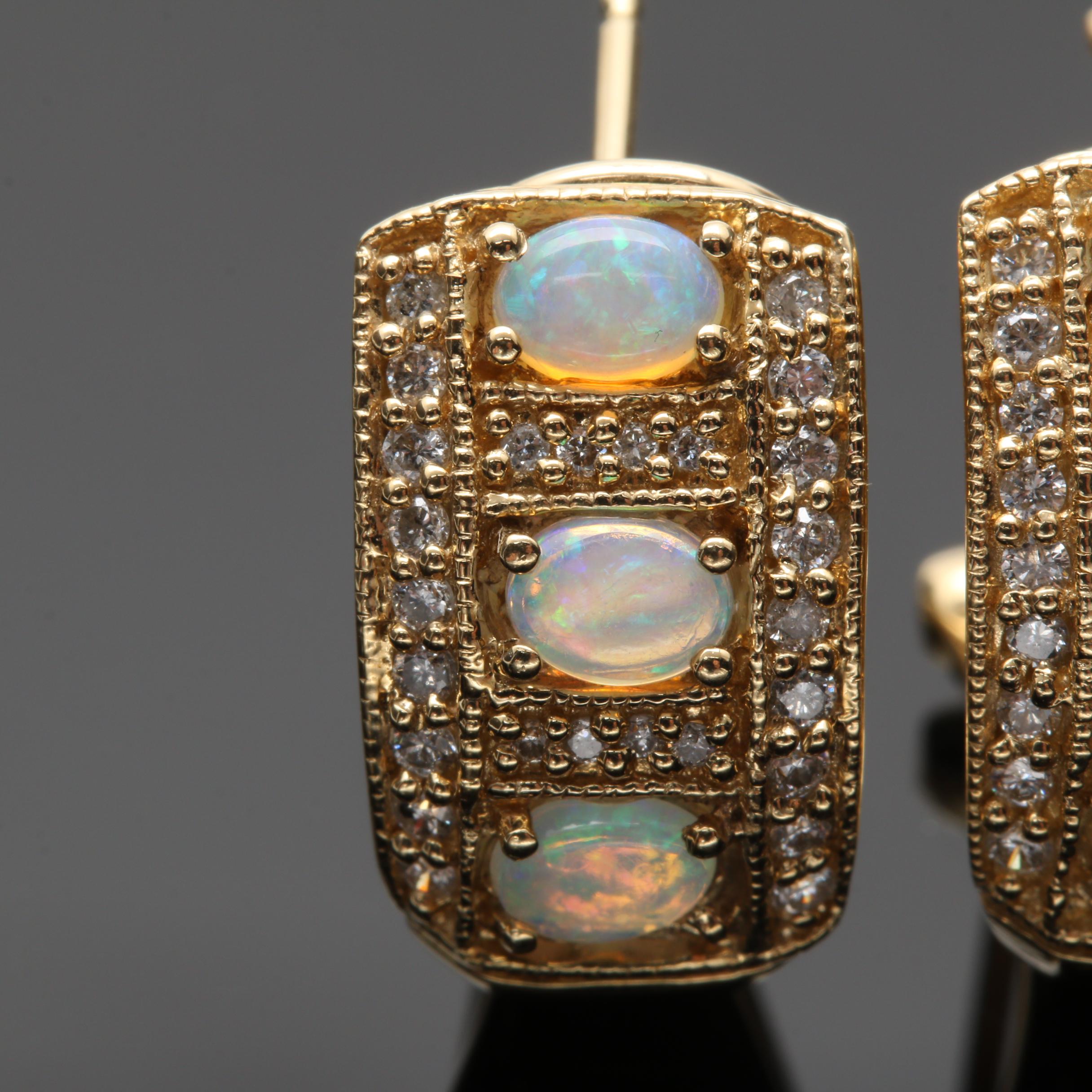 14K Yellow Gold Opal and Diamond Earrings