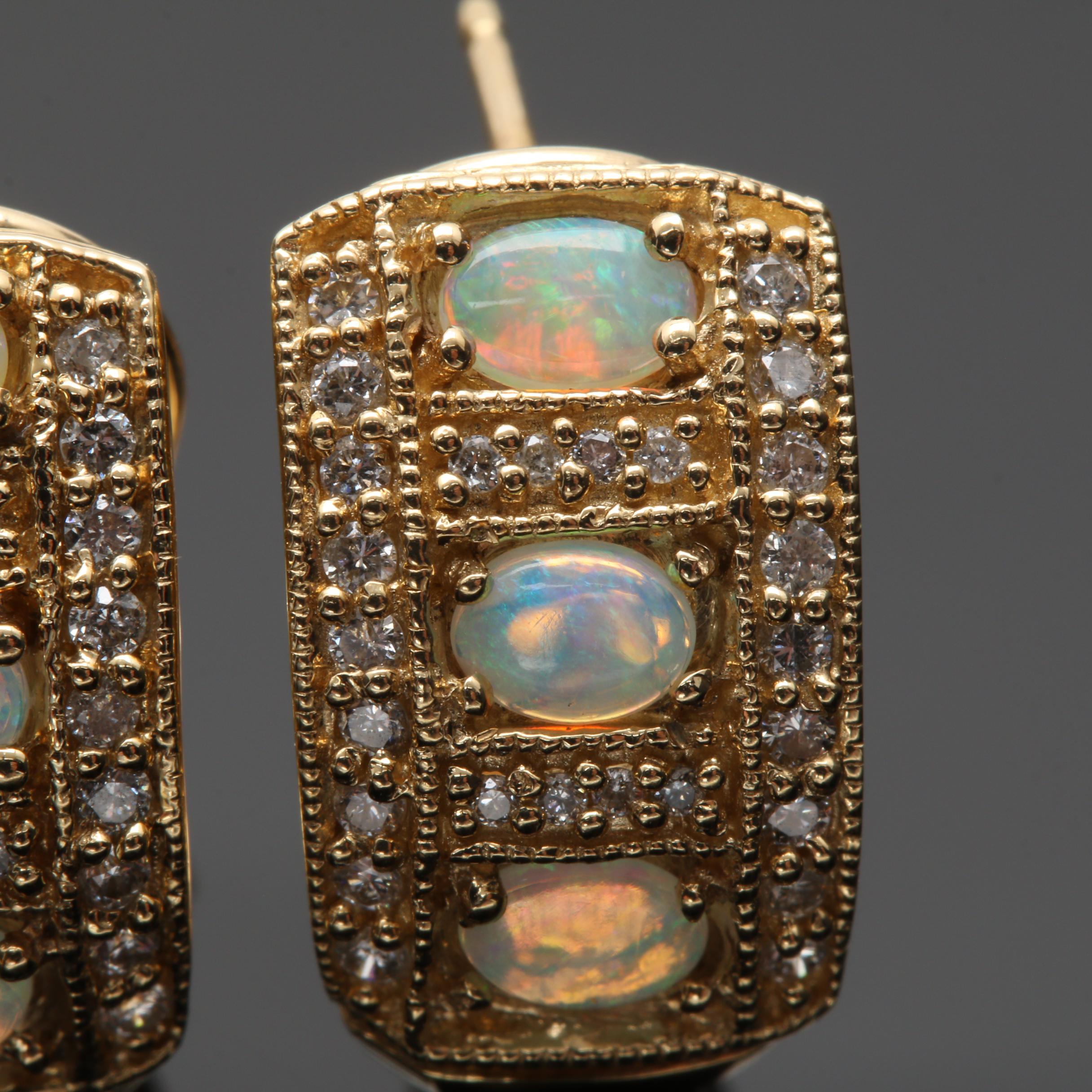 14K Yellow Gold Opal and Diamond Earrings