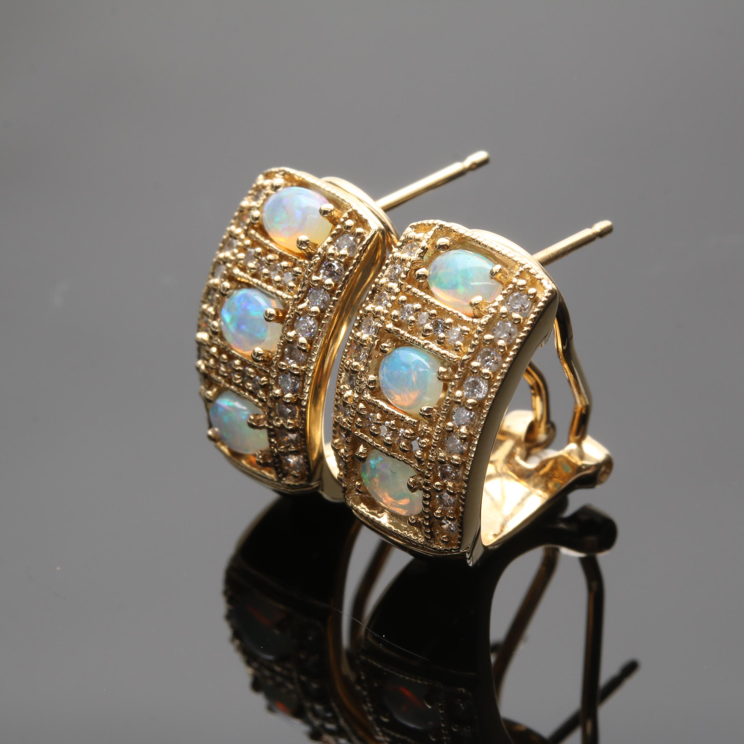 14K Yellow Gold Opal and Diamond Earrings