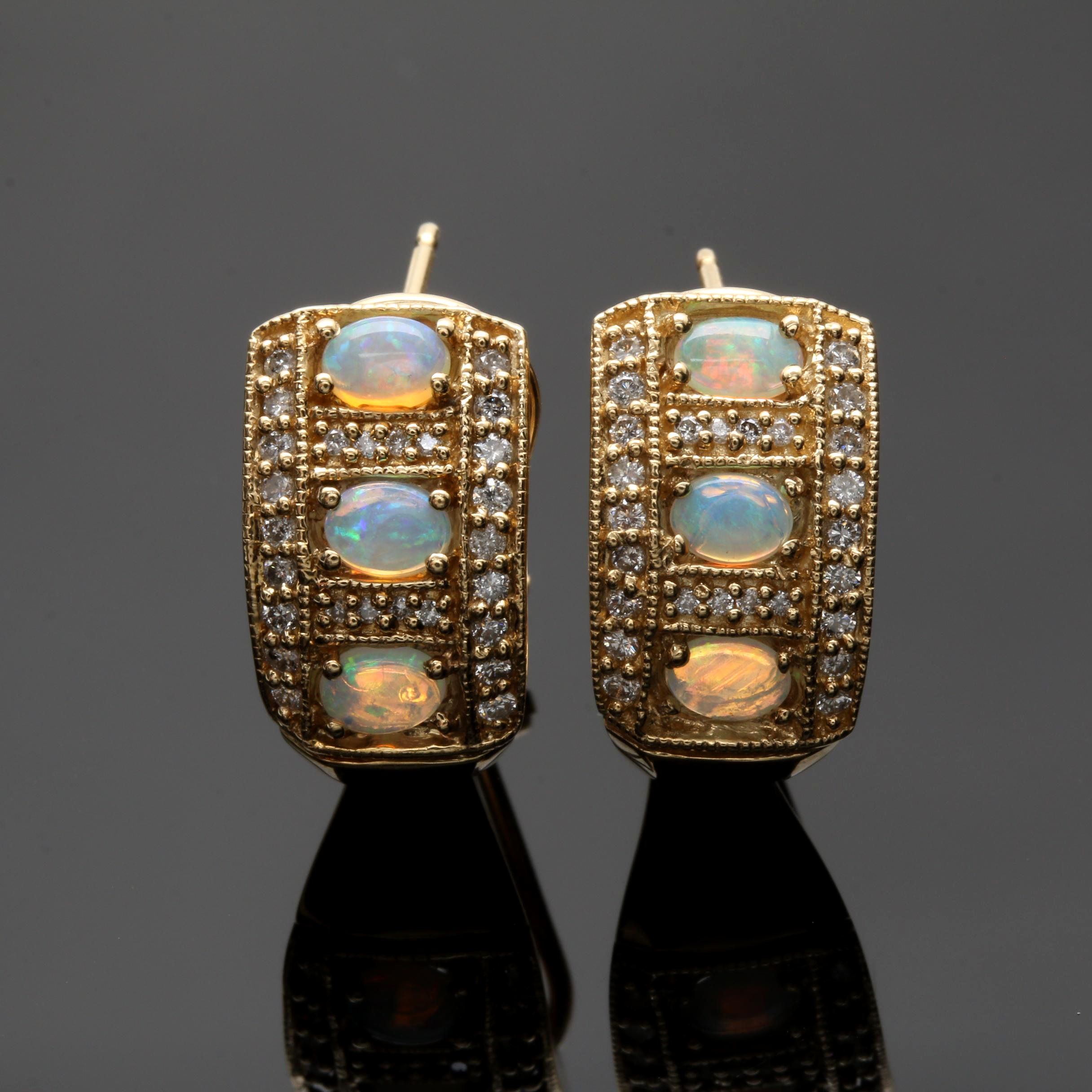 14K Yellow Gold Opal and Diamond Earrings