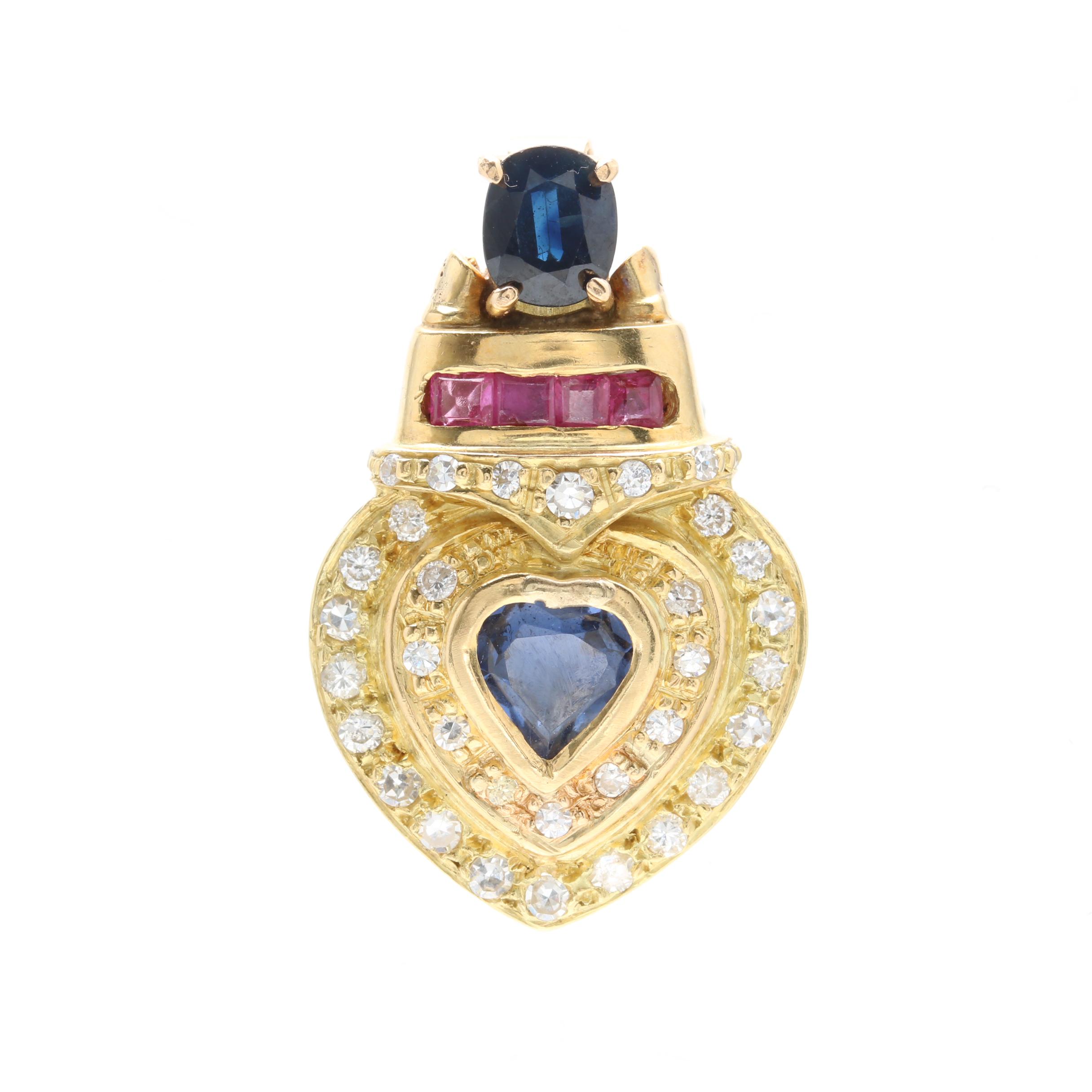 18K Yellow Gold Sapphire, Ruby, Cubic Zirconia and Diamond Slide Pendant