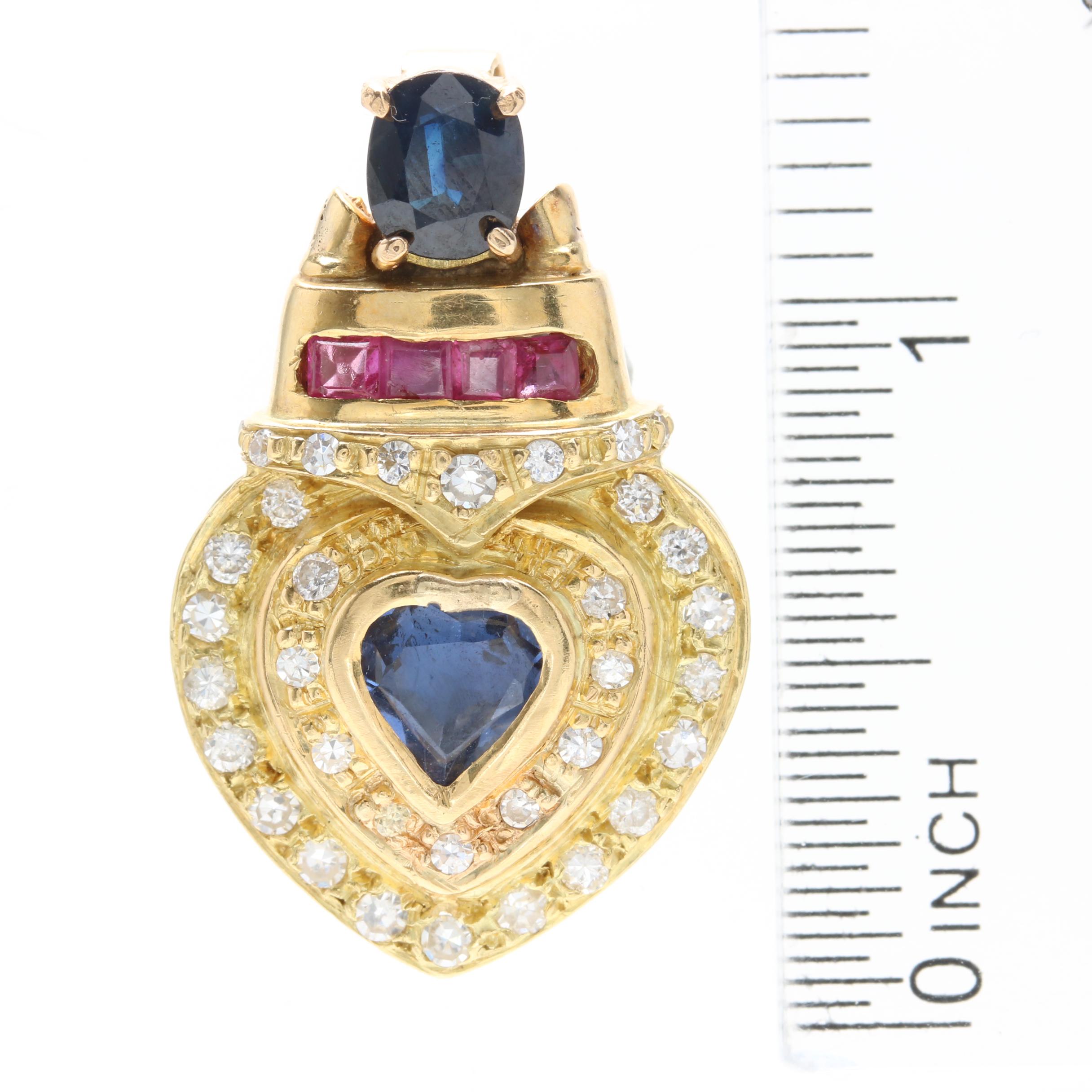 18K Yellow Gold Sapphire, Ruby, Cubic Zirconia and Diamond Slide Pendant
