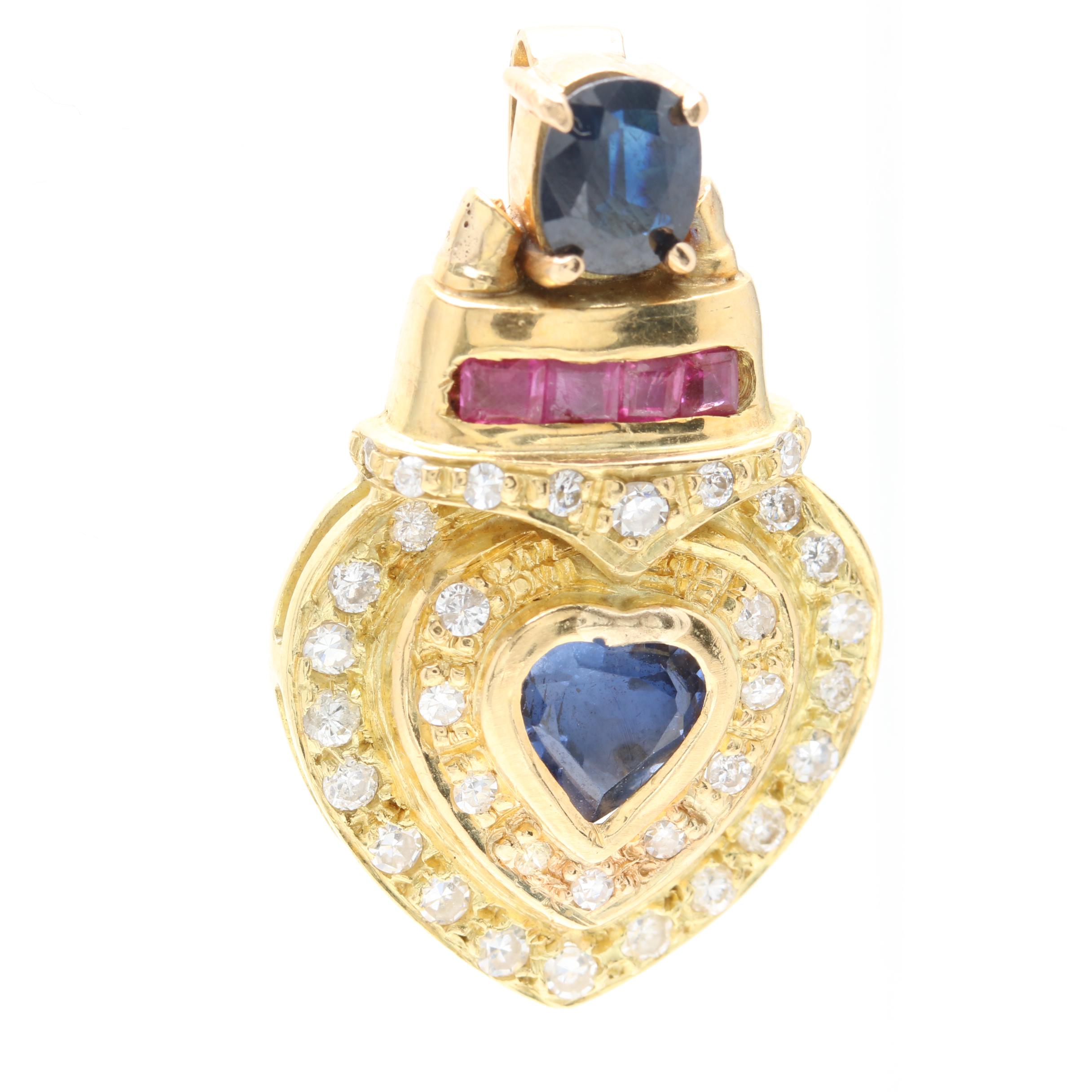 18K Yellow Gold Sapphire, Ruby, Cubic Zirconia and Diamond Slide Pendant