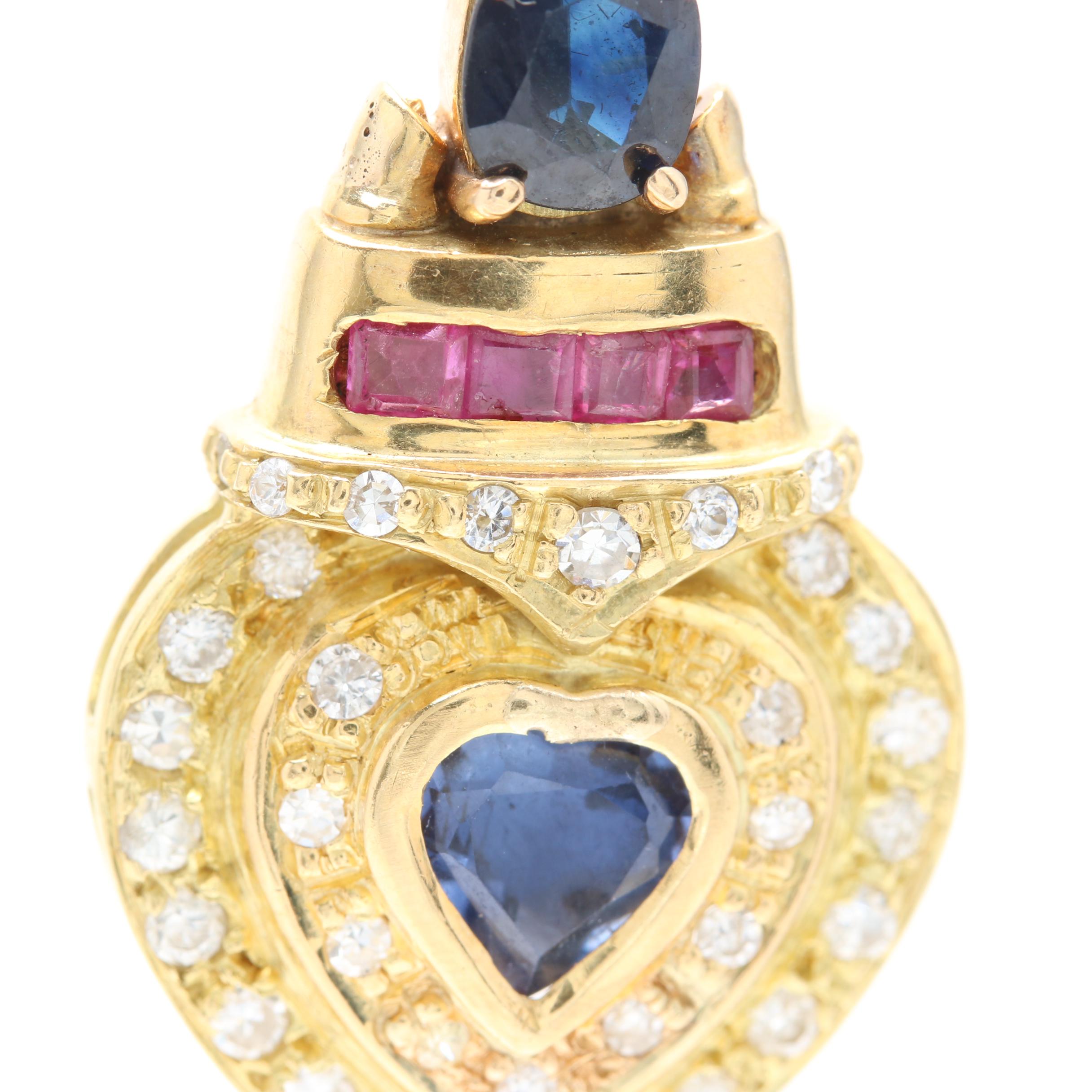 18K Yellow Gold Sapphire, Ruby, Cubic Zirconia and Diamond Slide Pendant