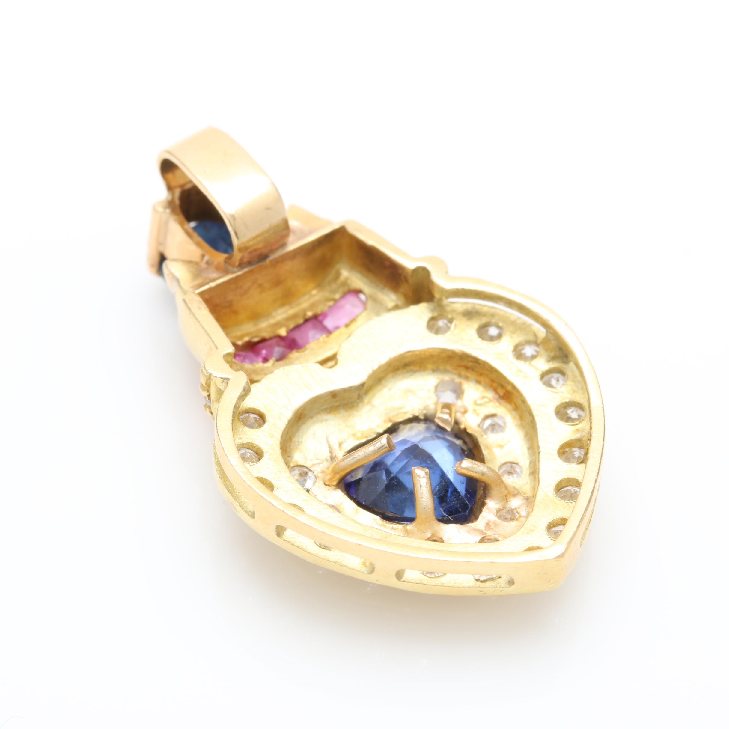 18K Yellow Gold Sapphire, Ruby, Cubic Zirconia and Diamond Slide Pendant