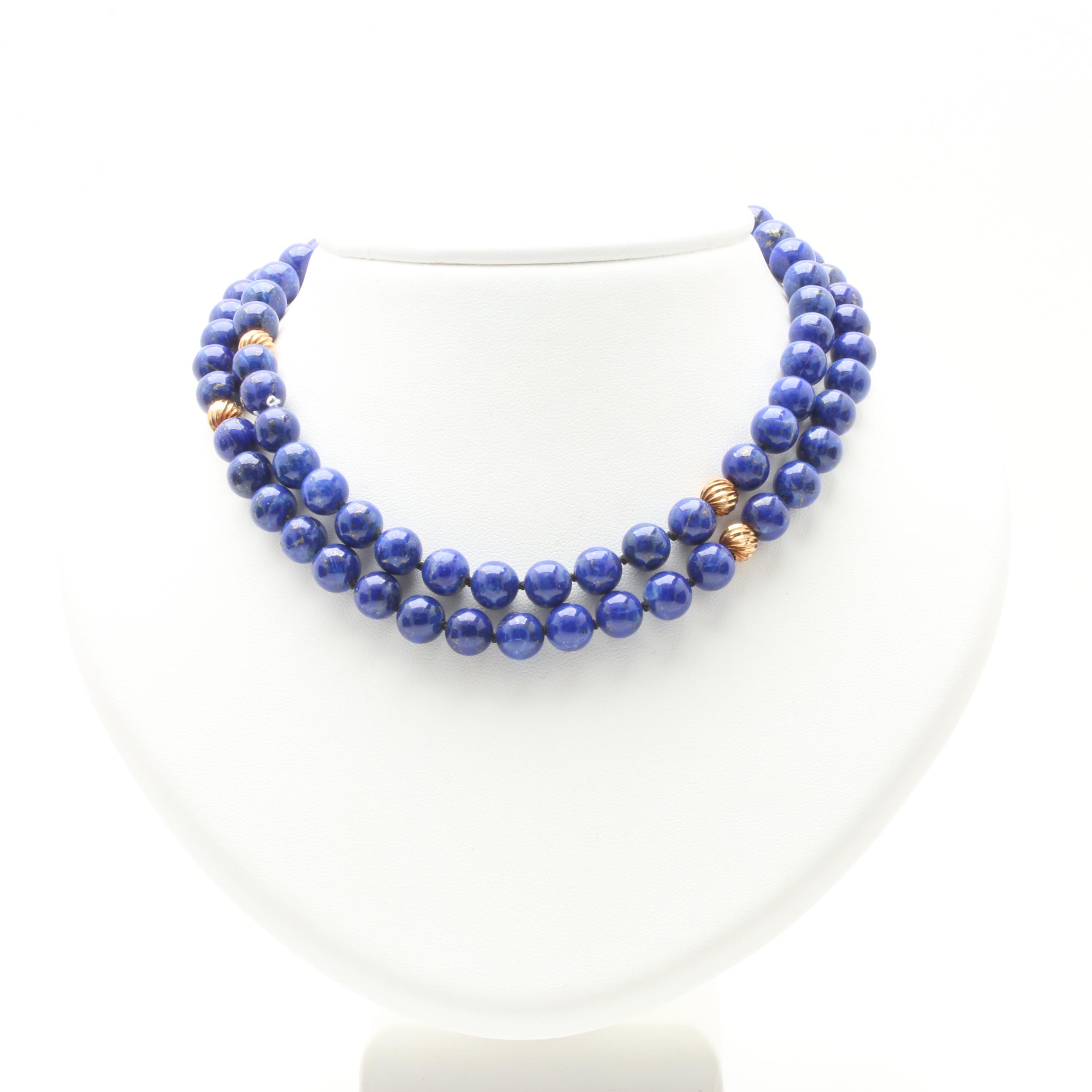 14K Yellow Gold Lapis Lazuli Beaded Necklace
