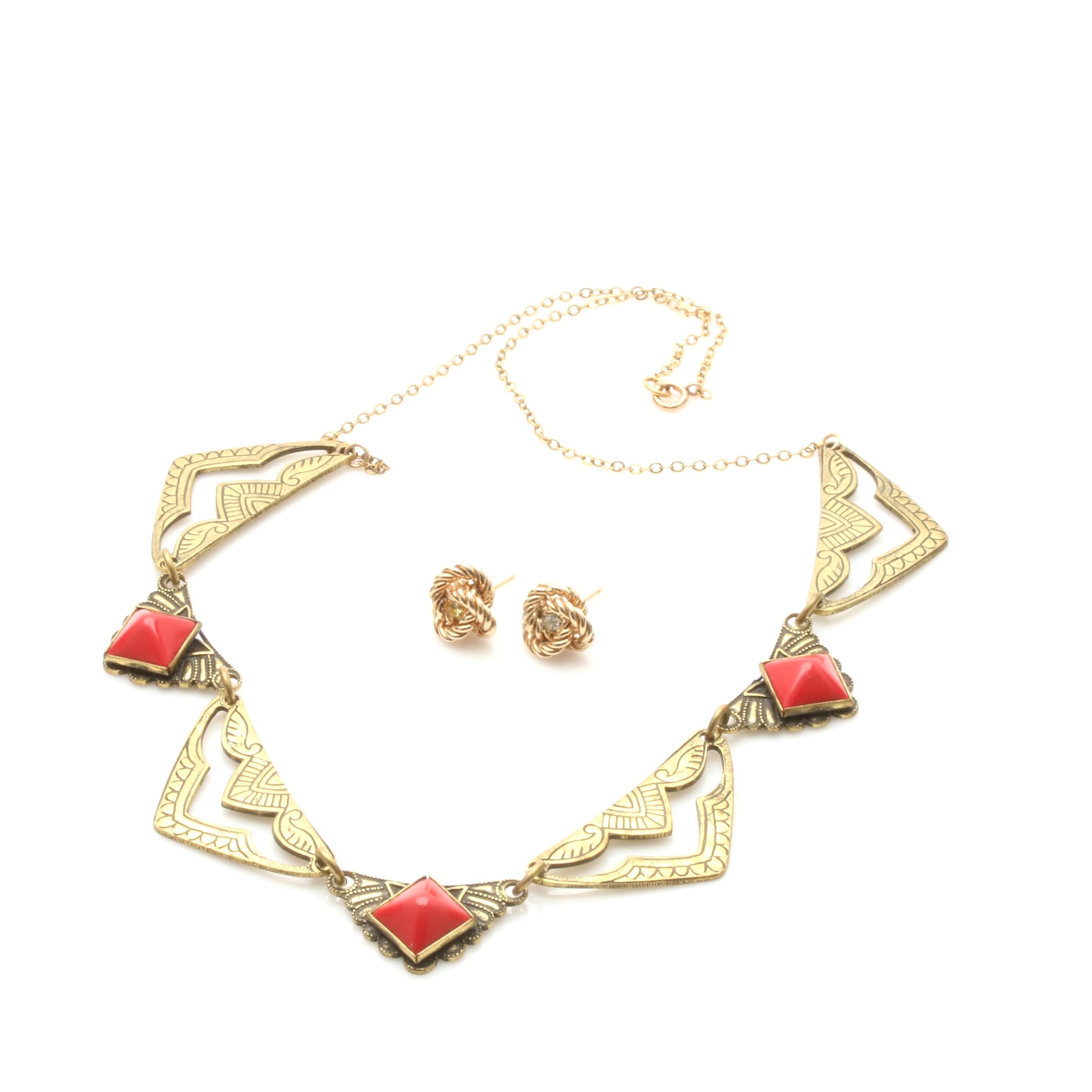 Red Plastic Pyramid Necklace with 14K Yellow Gold Chain and Knot Earrings