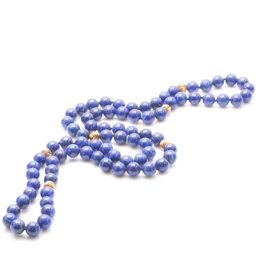 14K Yellow Gold Lapis Lazuli Beaded Necklace