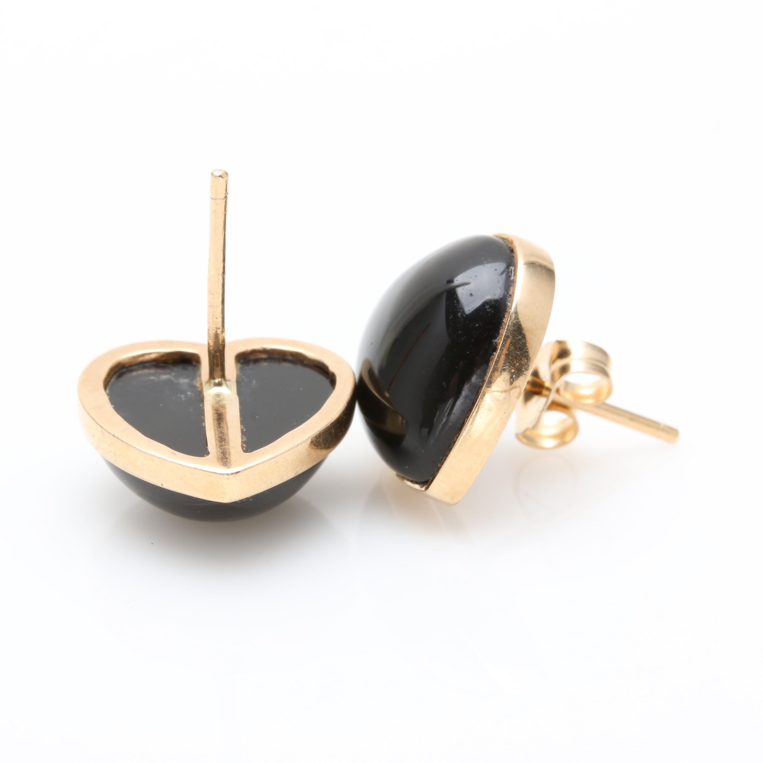 14K Yellow Gold Black Onyx Heart Earrings