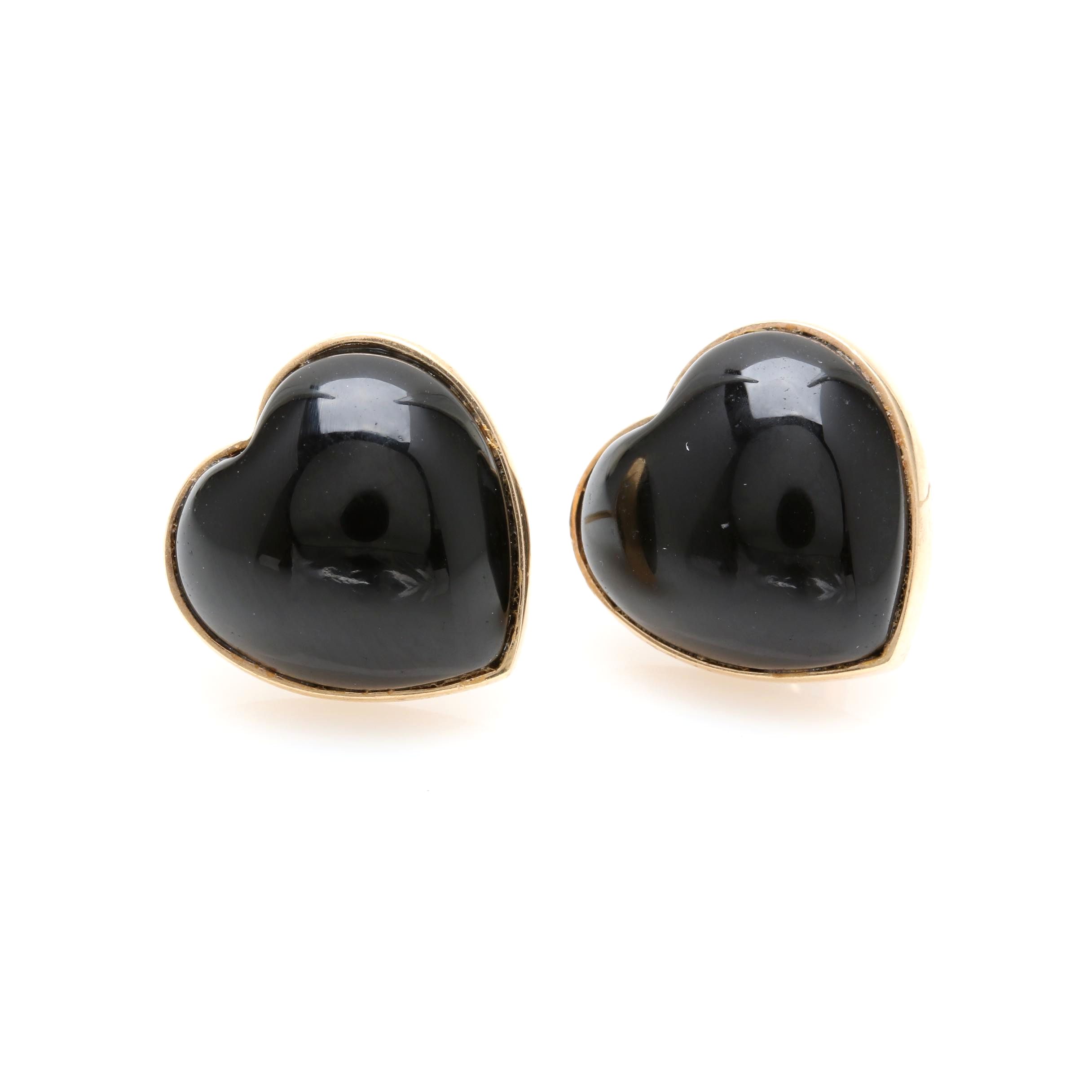 14K Yellow Gold Black Onyx Heart Earrings