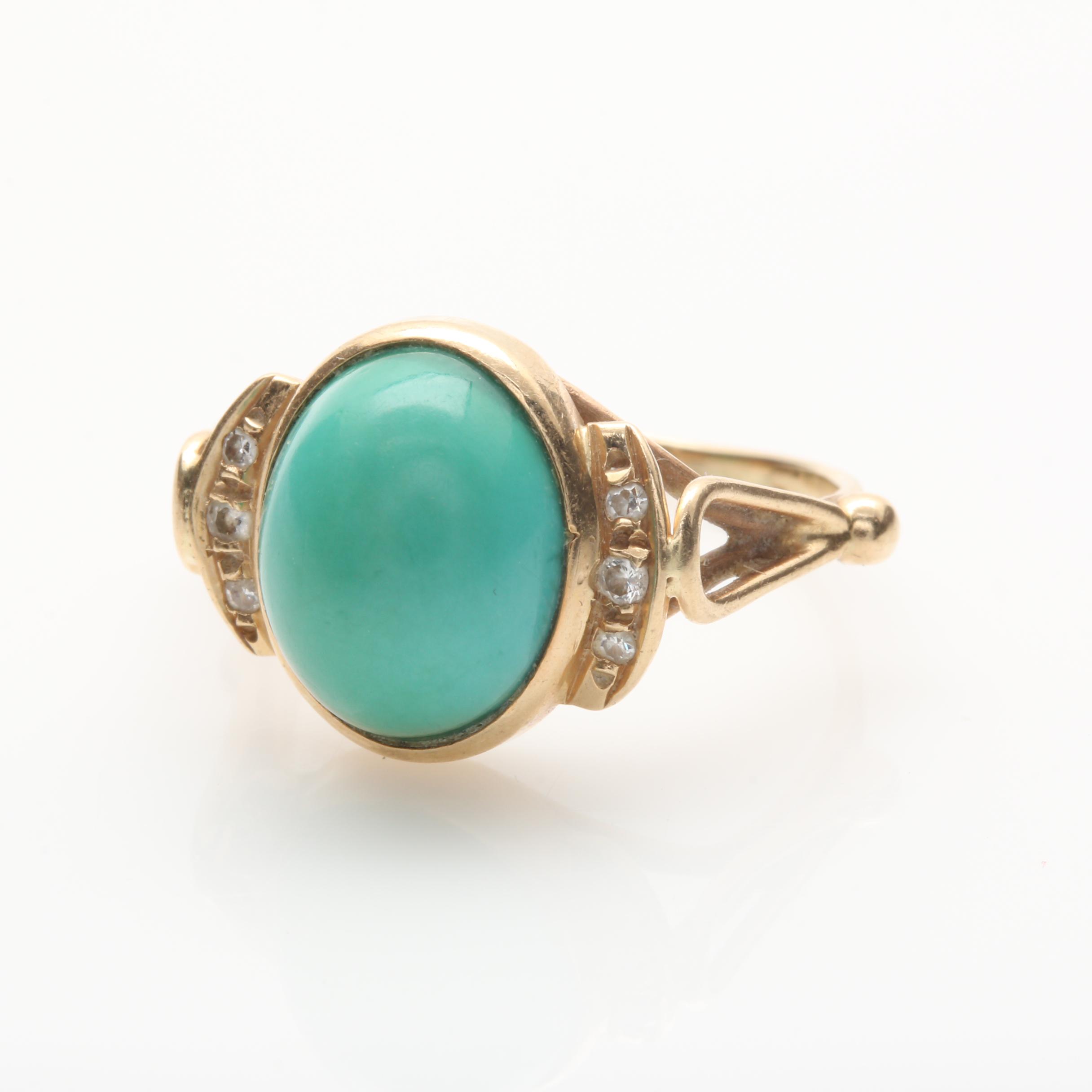 14K Yellow Gold Turquoise and Diamond Ring