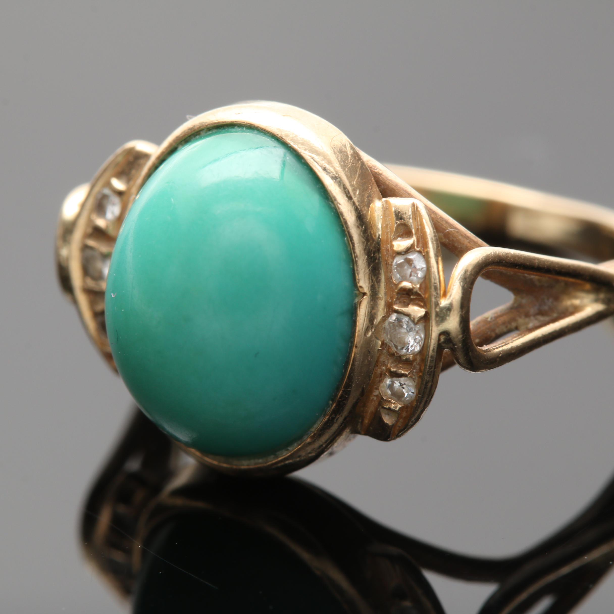 14K Yellow Gold Turquoise and Diamond Ring