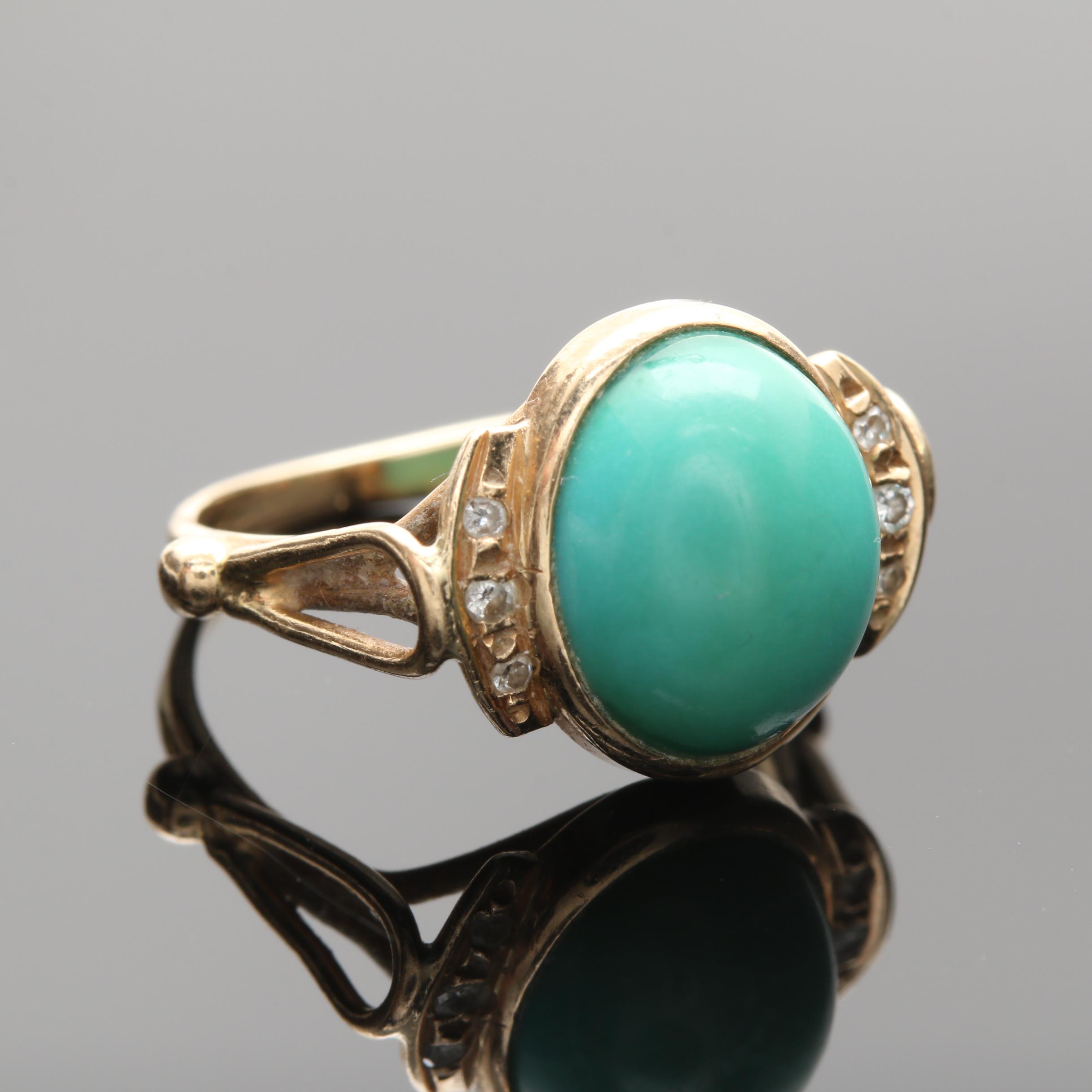 14K Yellow Gold Turquoise and Diamond Ring