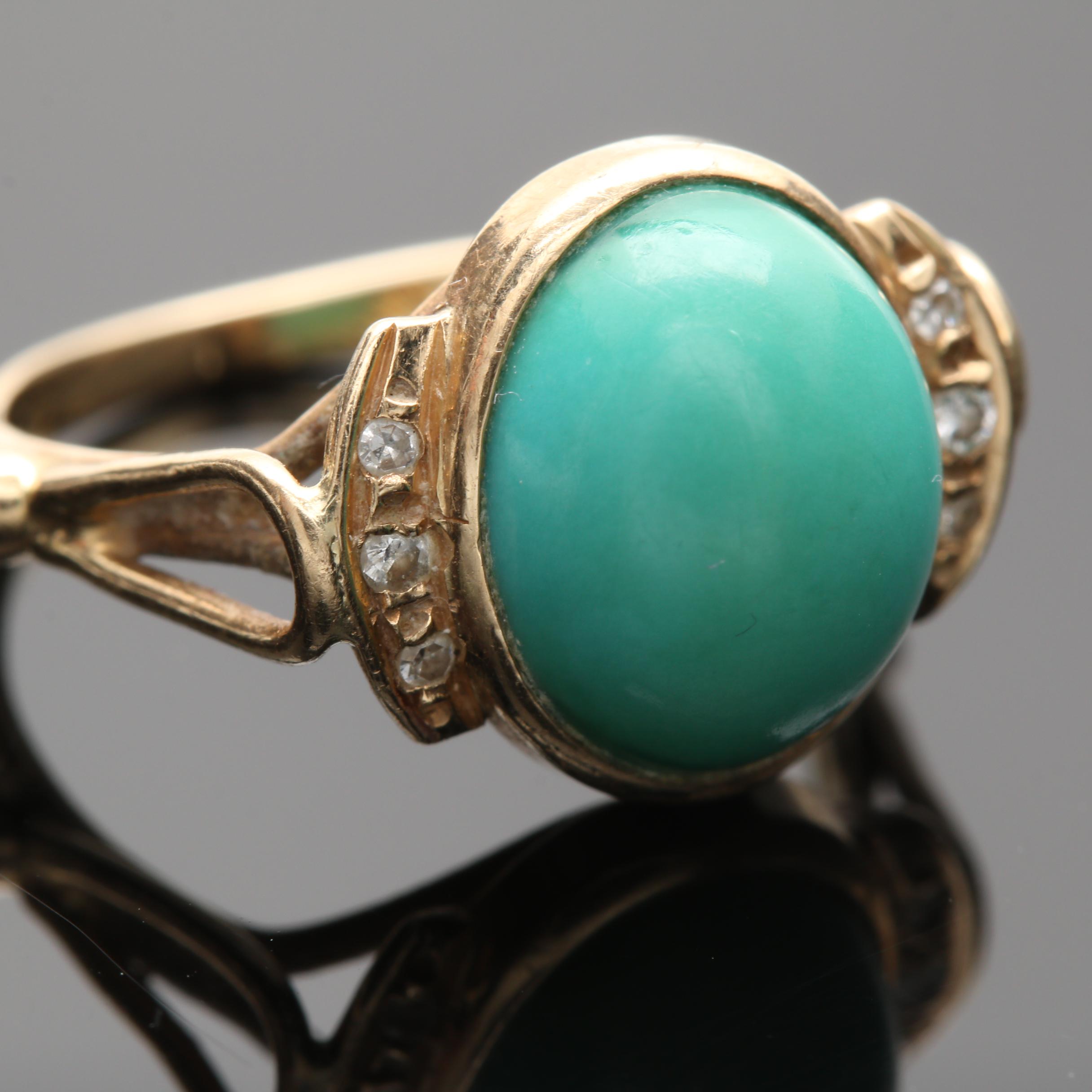 14K Yellow Gold Turquoise and Diamond Ring