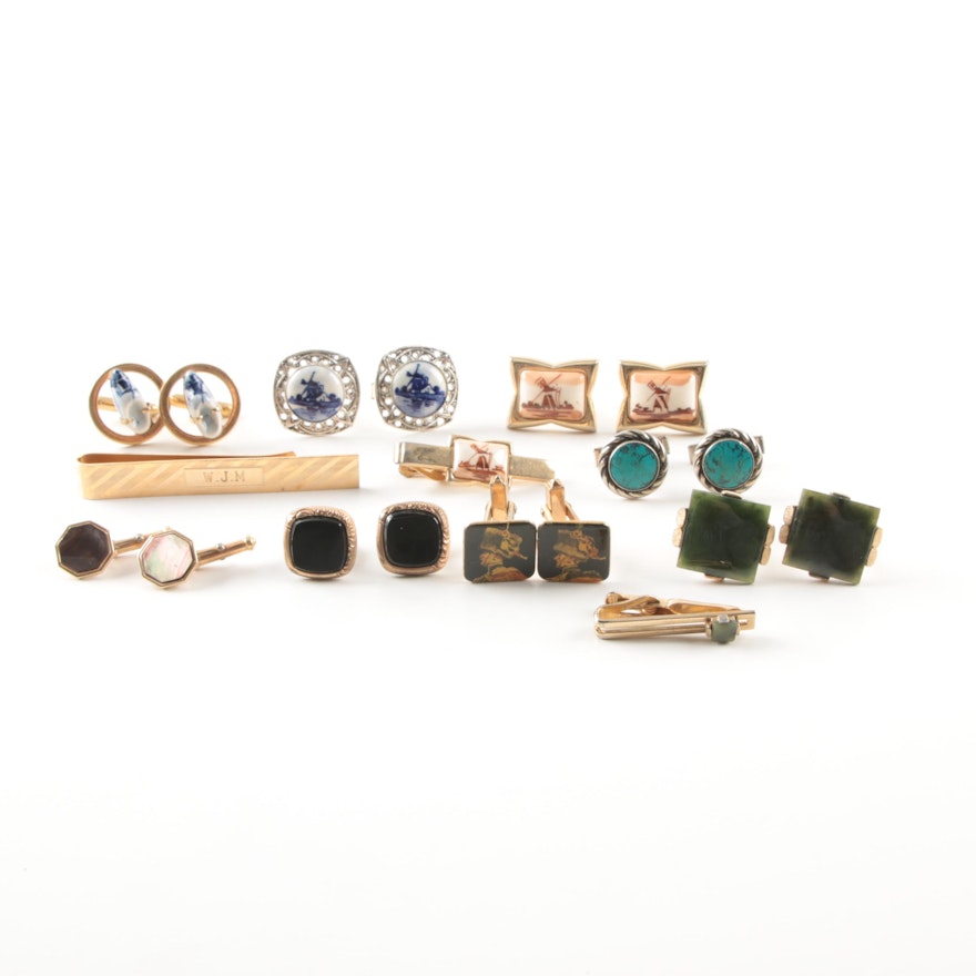 Silver and Gold Tone Nephrite, Onyx and Mother of Pearl Cufflinks and Tie Bars