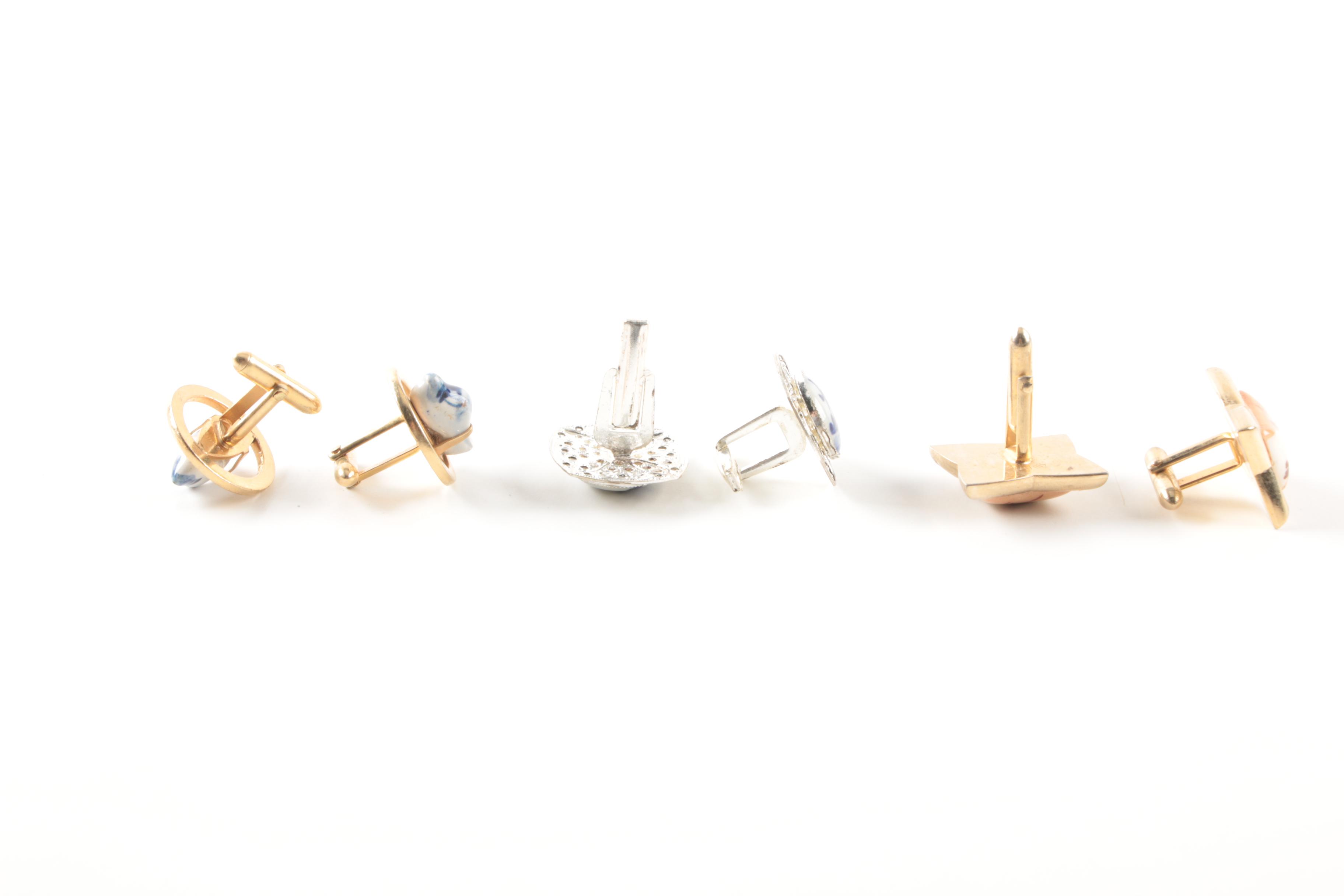 Silver and Gold Tone Nephrite, Onyx and Mother of Pearl Cufflinks and Tie Bars