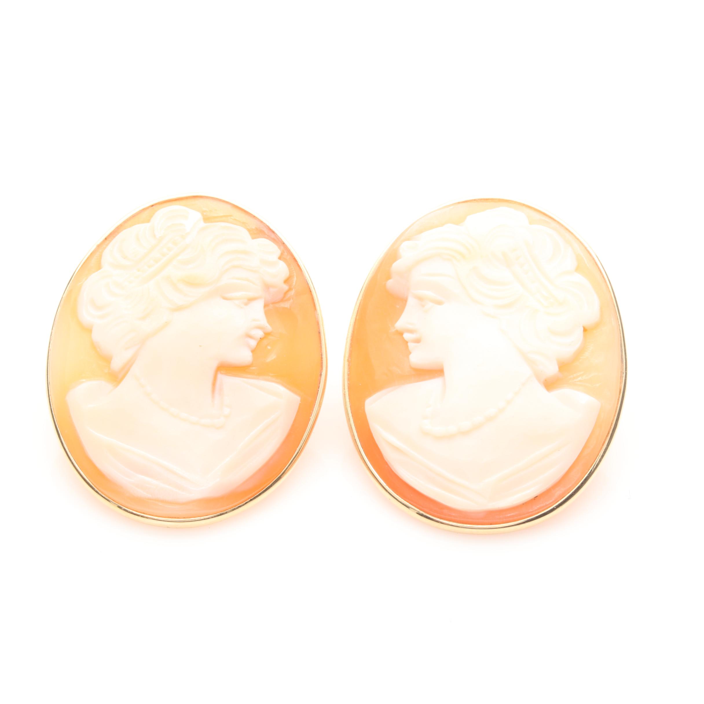 14K Yellow Gold Shell Cameo Earrings