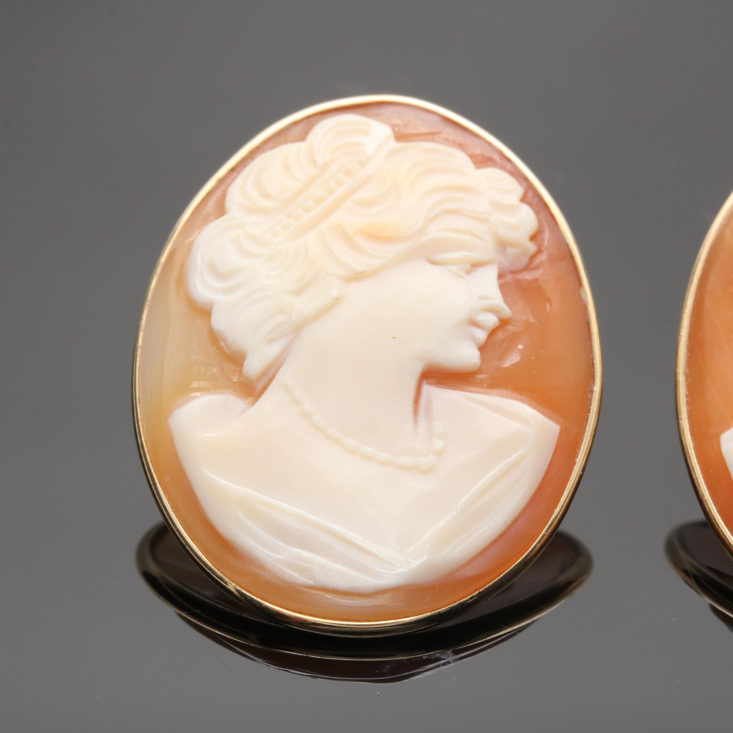 14K Yellow Gold Shell Cameo Earrings