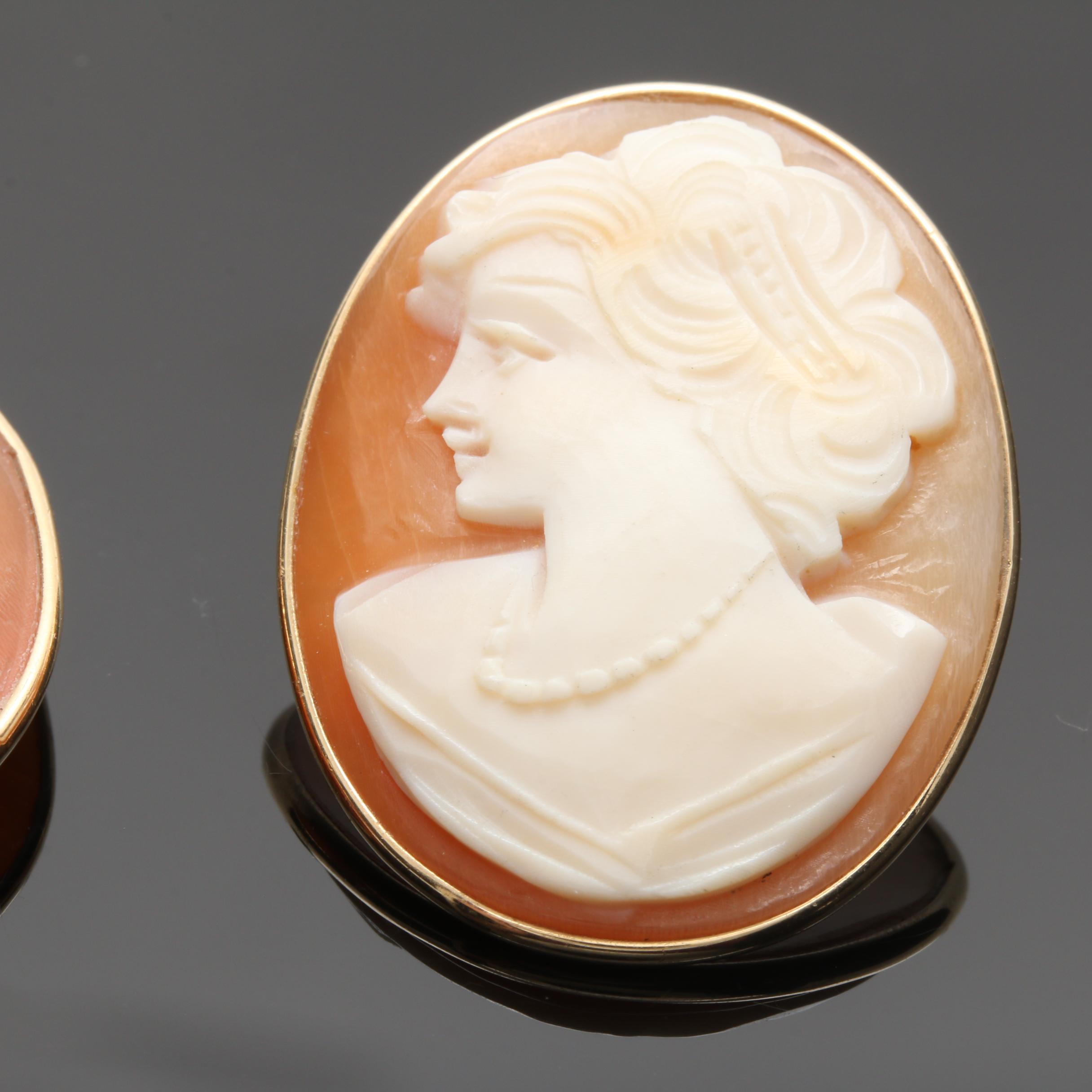 14K Yellow Gold Shell Cameo Earrings
