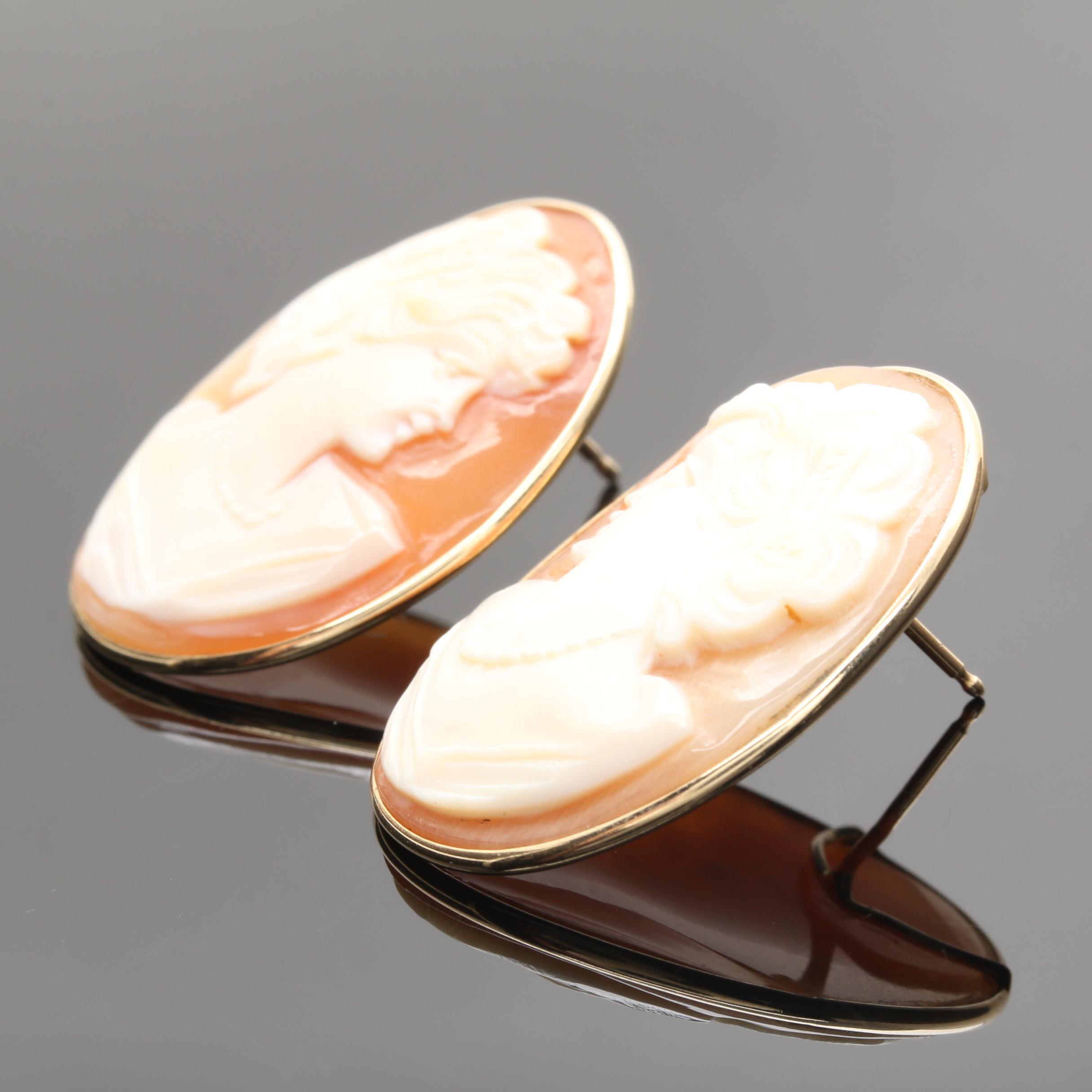 14K Yellow Gold Shell Cameo Earrings