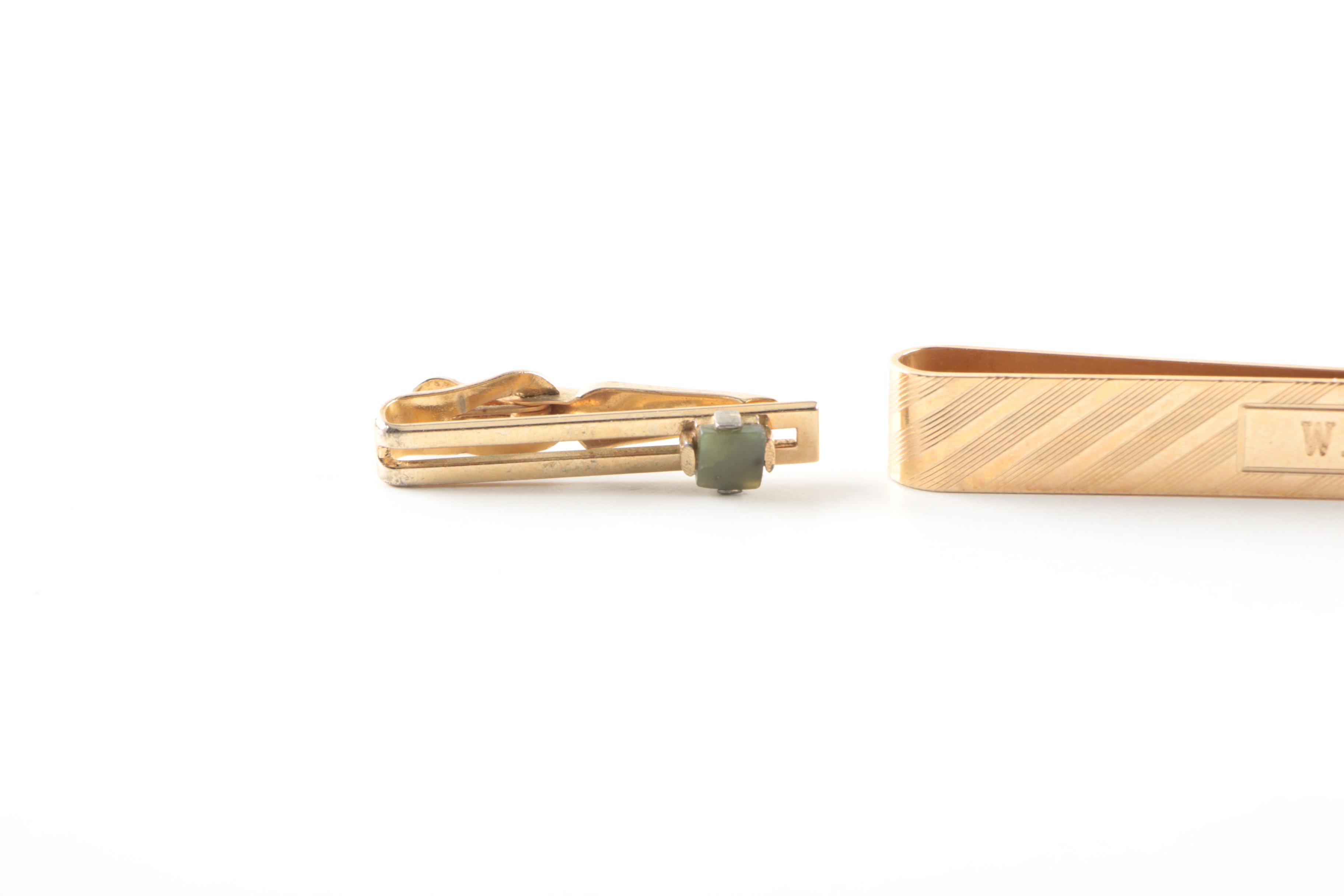 Silver and Gold Tone Nephrite, Onyx and Mother of Pearl Cufflinks and Tie Bars