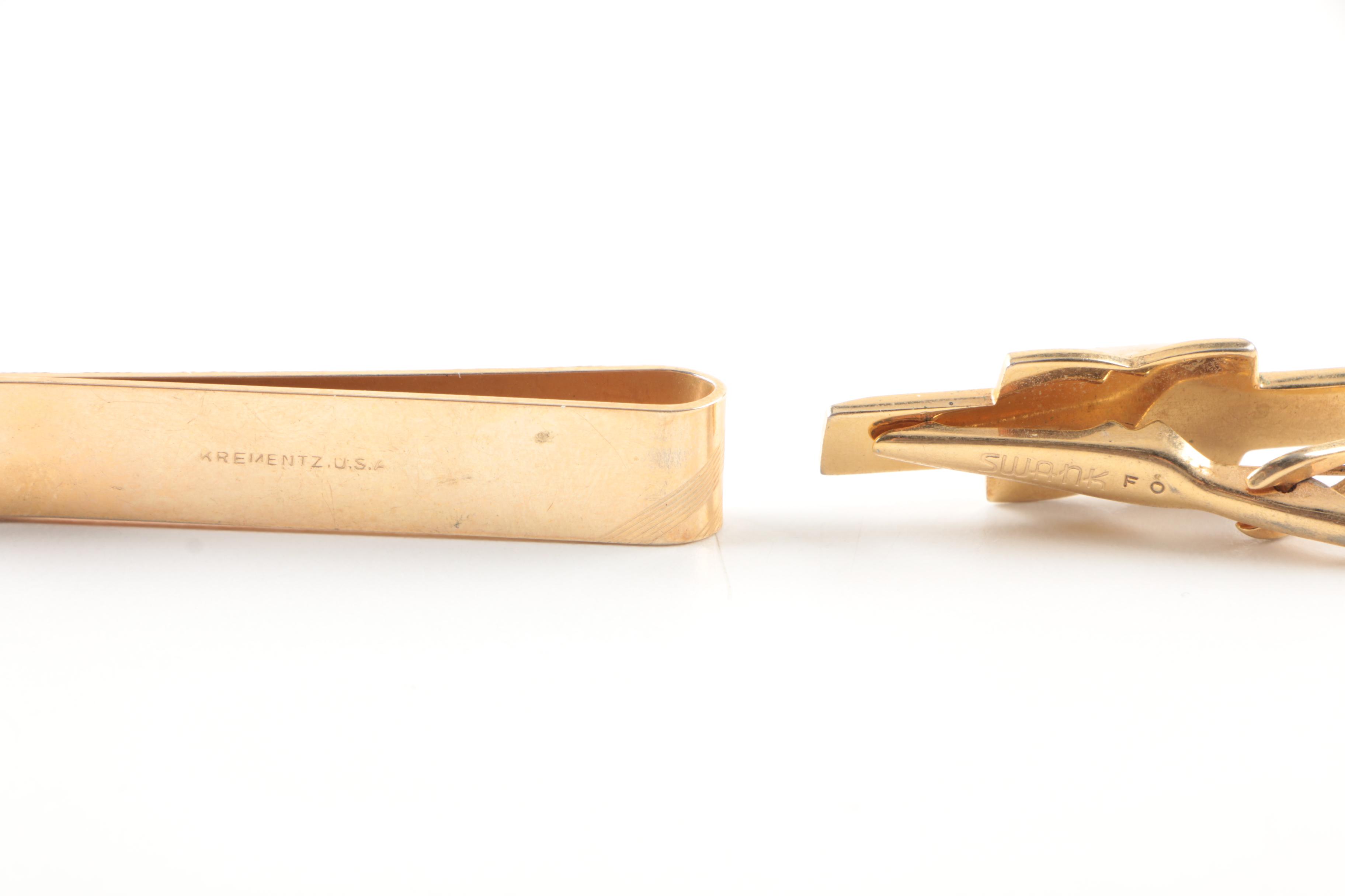 Silver and Gold Tone Nephrite, Onyx and Mother of Pearl Cufflinks and Tie Bars