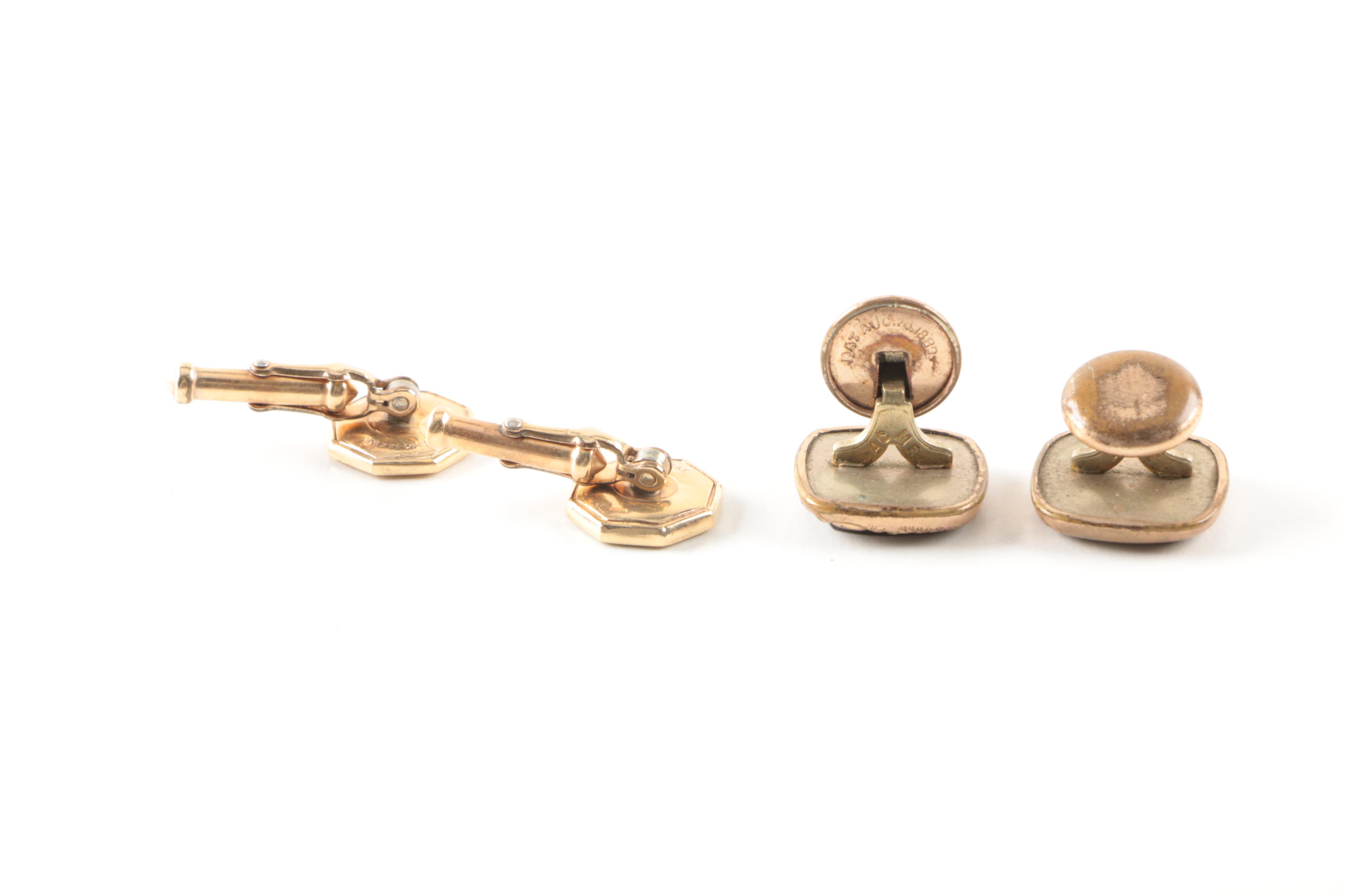 Silver and Gold Tone Nephrite, Onyx and Mother of Pearl Cufflinks and Tie Bars