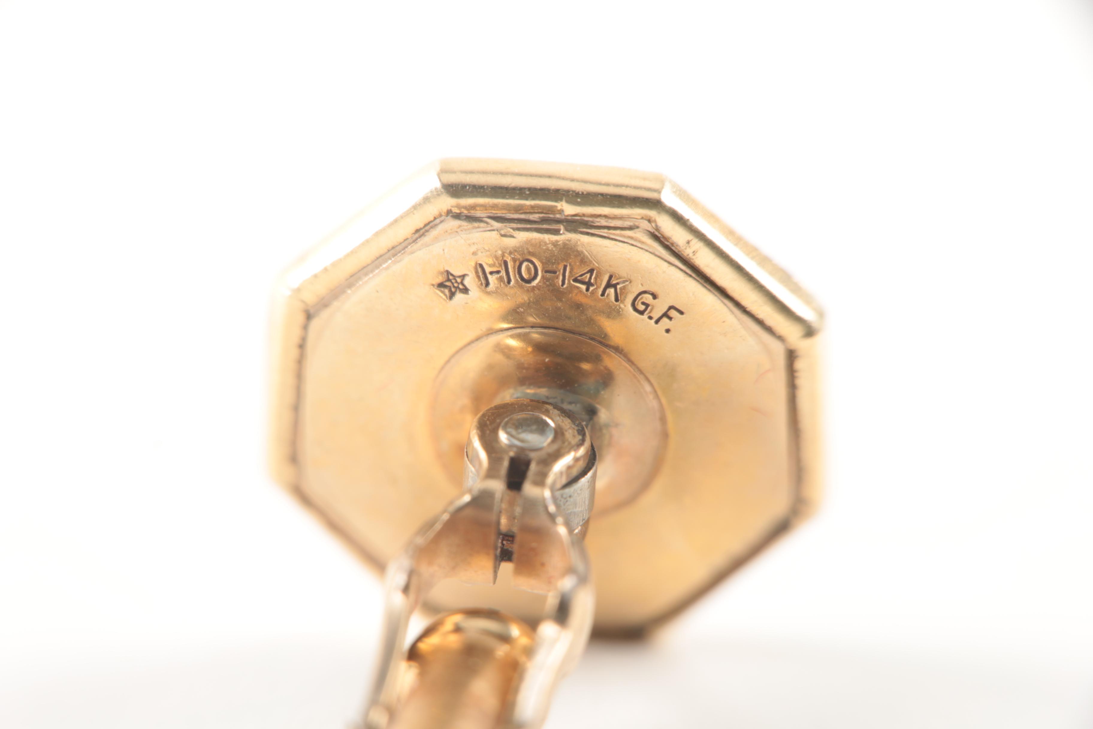 Silver and Gold Tone Nephrite, Onyx and Mother of Pearl Cufflinks and Tie Bars