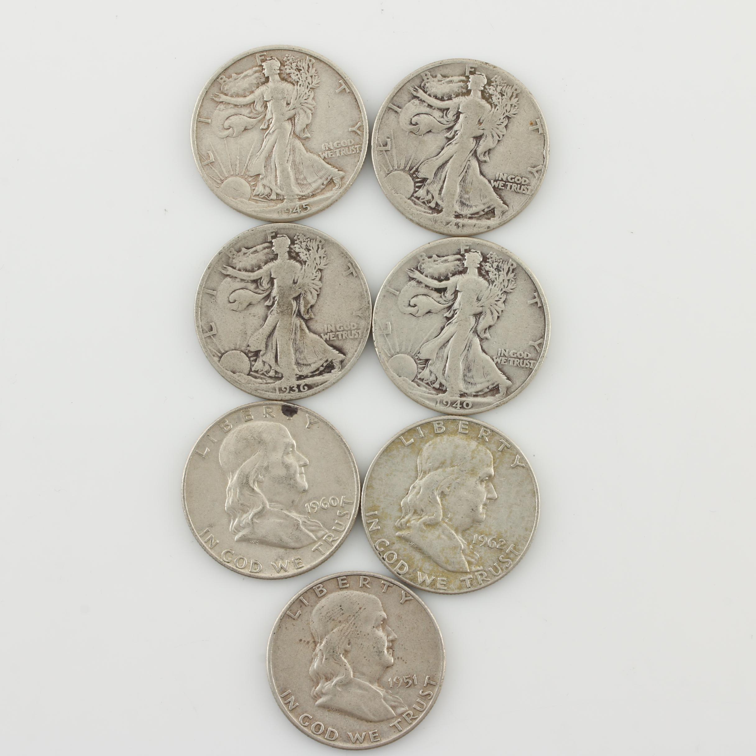 Group of Four Walking Liberty and Three Franklin Silver Half Dollars