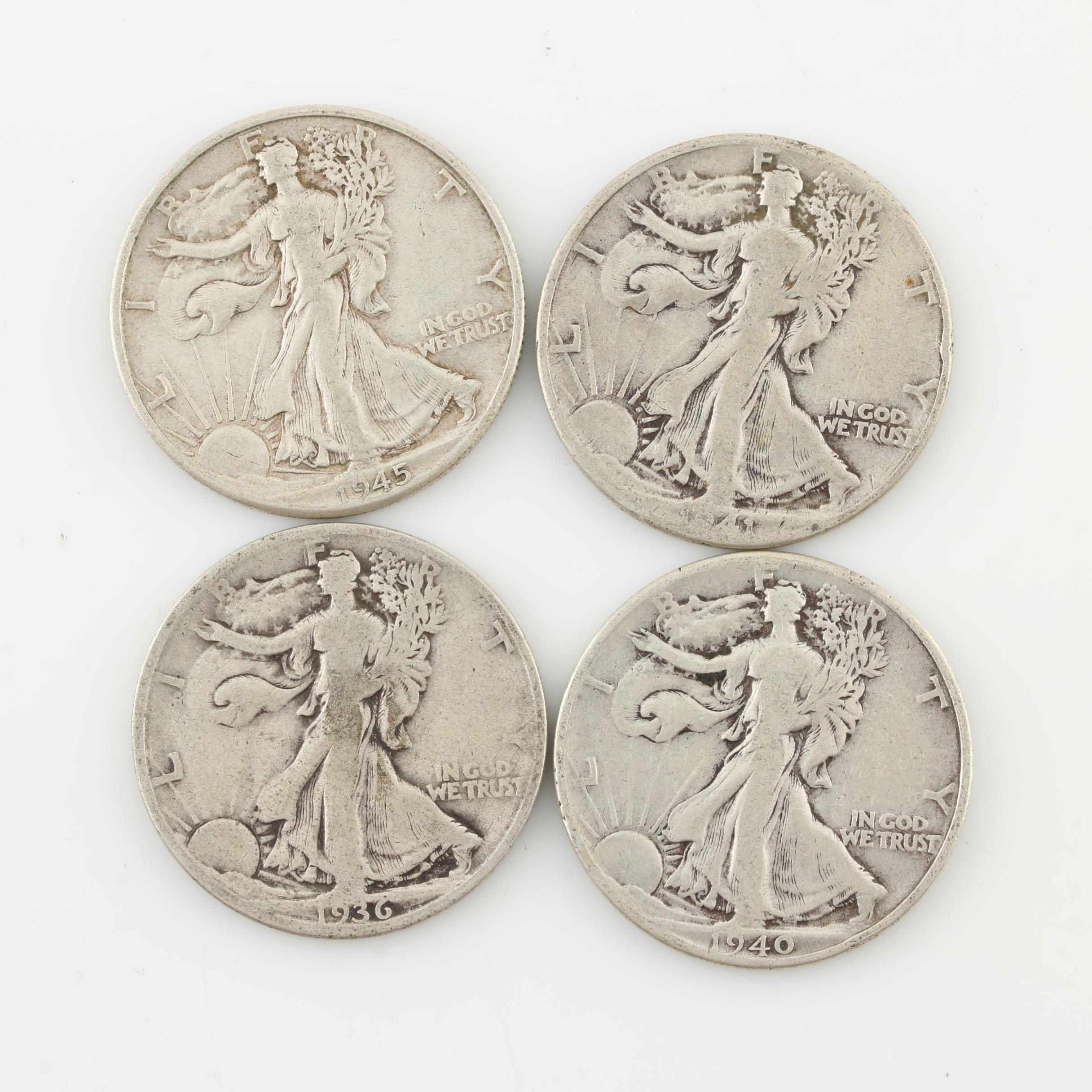 Group of Four Walking Liberty and Three Franklin Silver Half Dollars