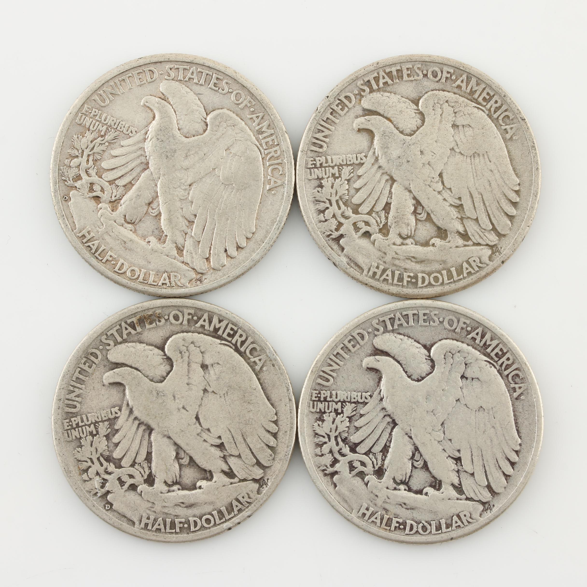 Group of Four Walking Liberty and Three Franklin Silver Half Dollars