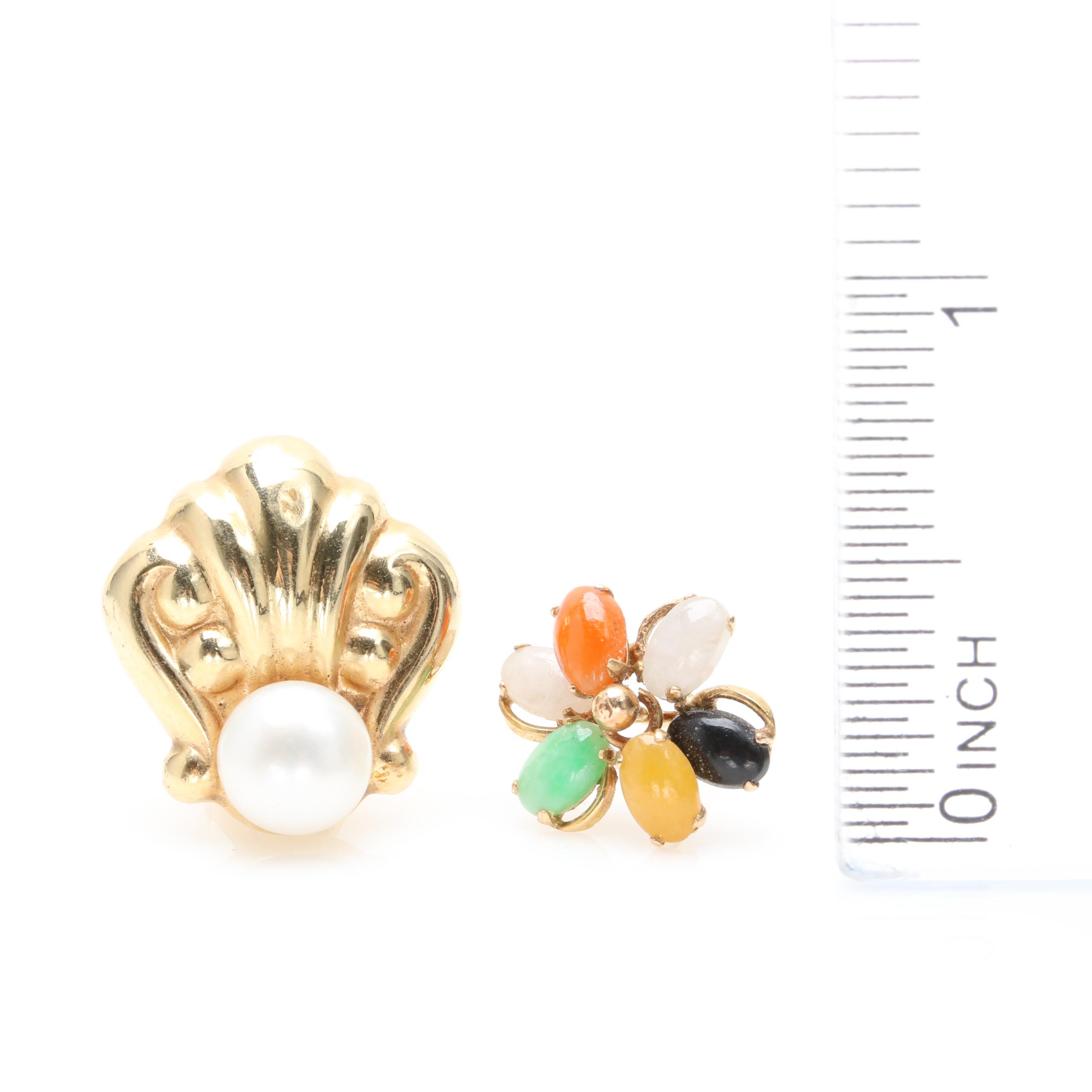 14K Yellow Gold Cultured Pearl Earring with Jadeite and Black Onyx Earring