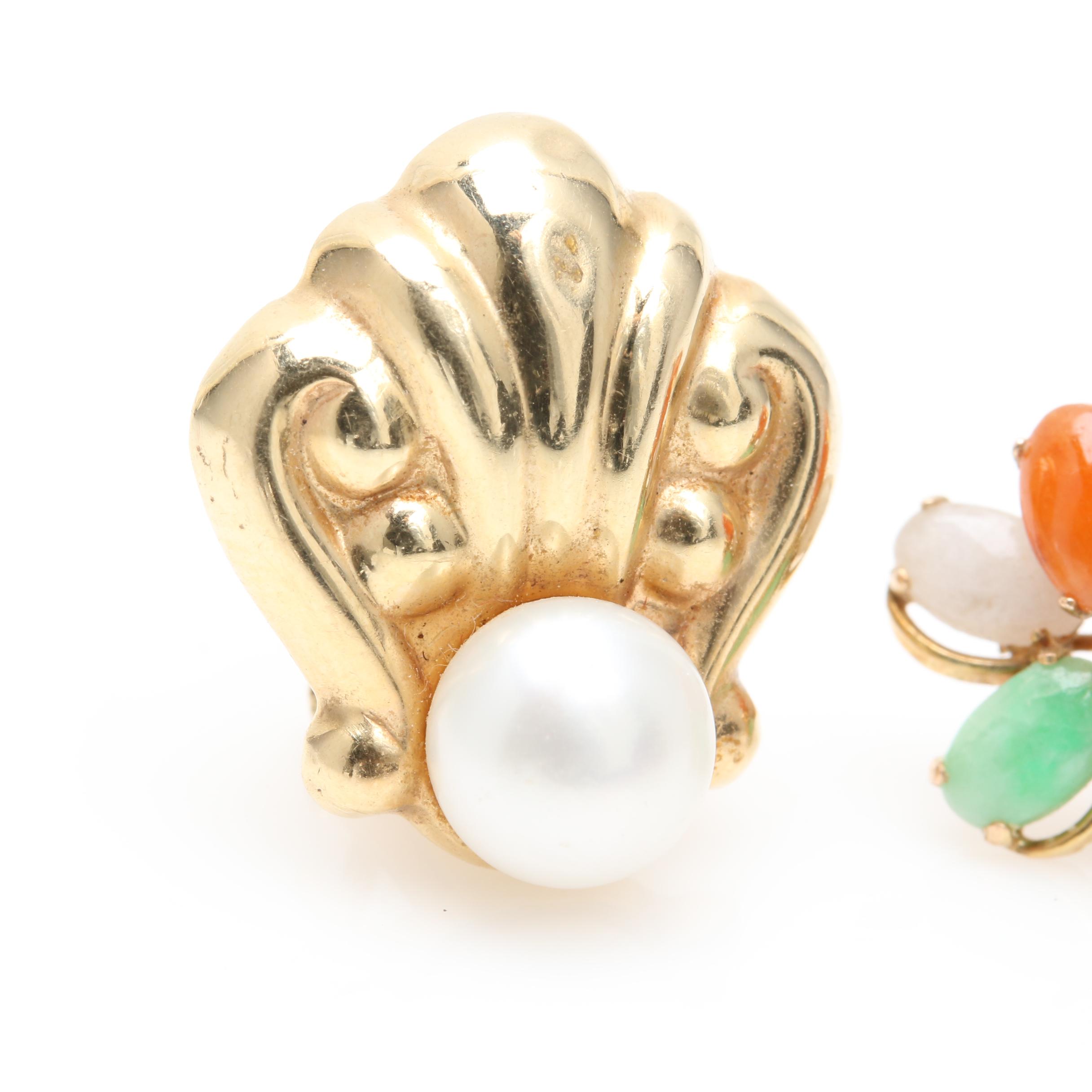 14K Yellow Gold Cultured Pearl Earring with Jadeite and Black Onyx Earring