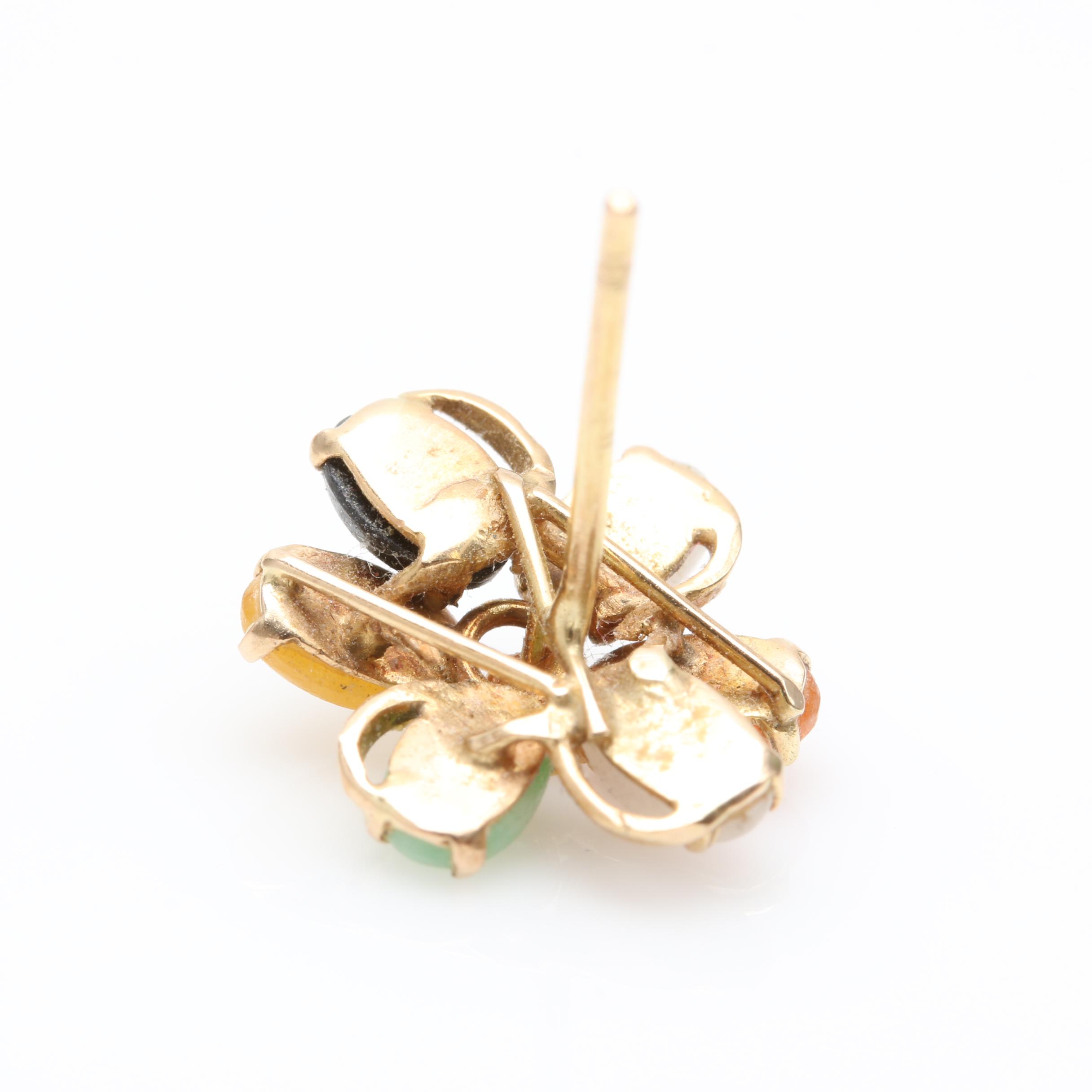 14K Yellow Gold Cultured Pearl Earring with Jadeite and Black Onyx Earring