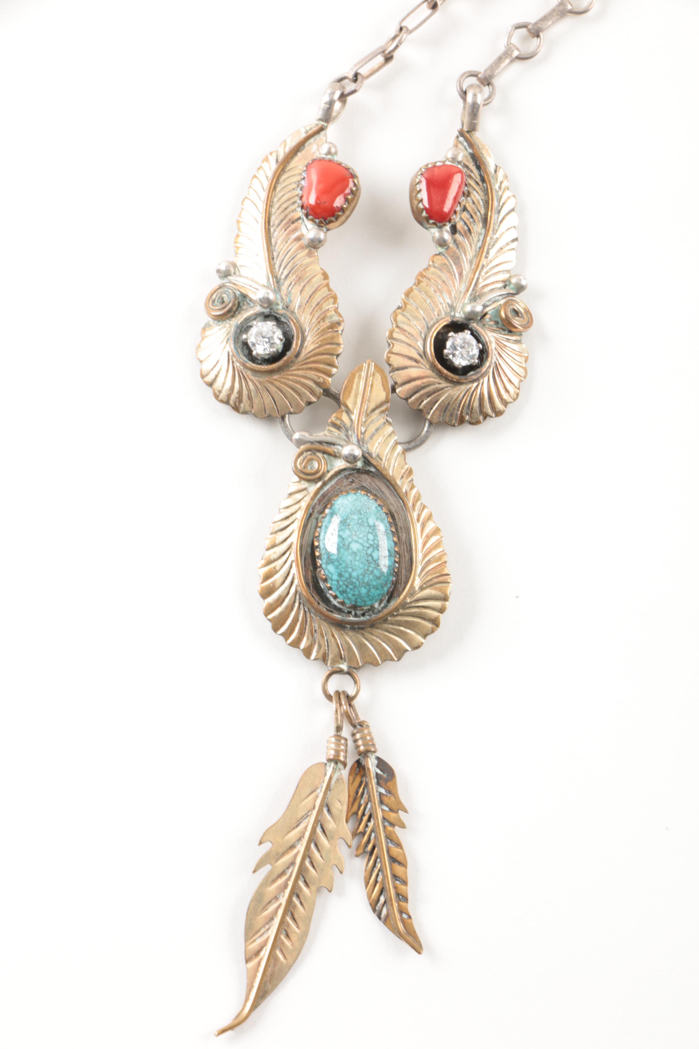 Sterling Silver Turquoise, Coral and Cubic Zirconia Necklace and Earrings