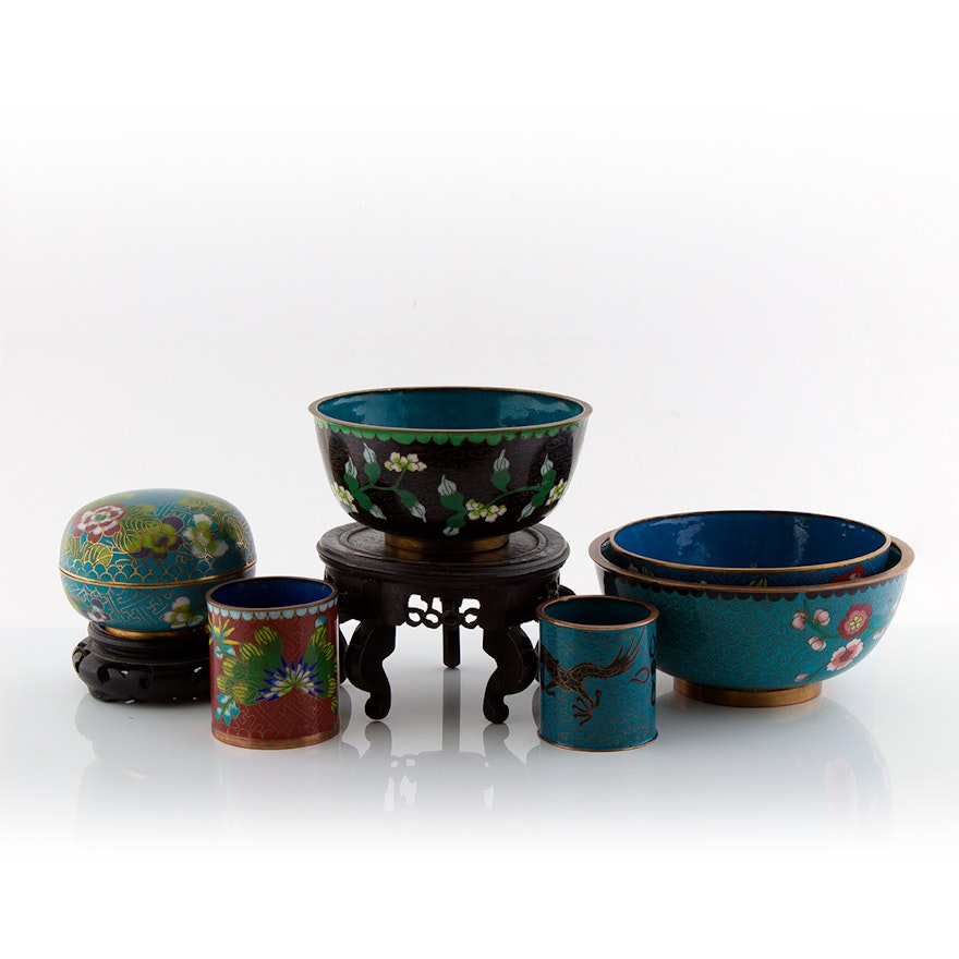 Vintage Chinese Cloisonné Bowls, Lidded Jar and Decor