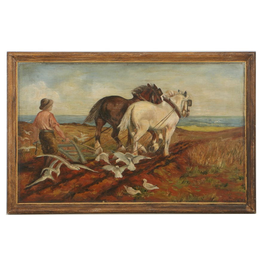 O. Soukup Early 20th Century Oil Painting on Wood of Farm Genre Scene