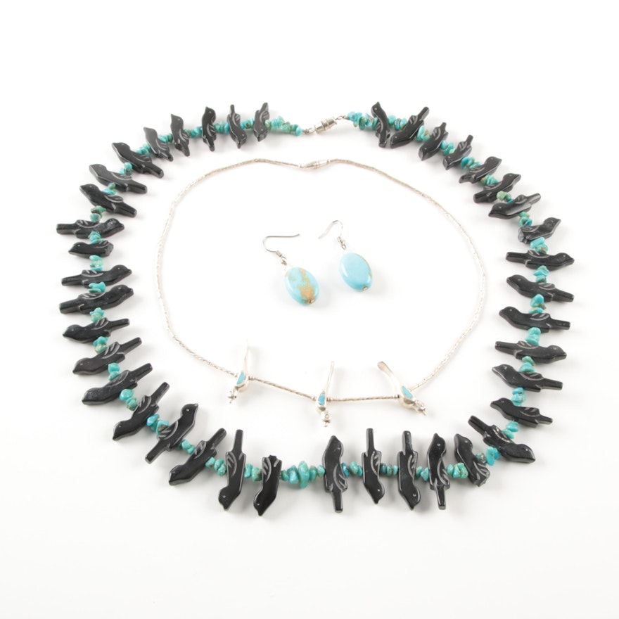 Sterling Silver and Silver Tone Turquoise Earrings, Bird and Fetish Necklaces