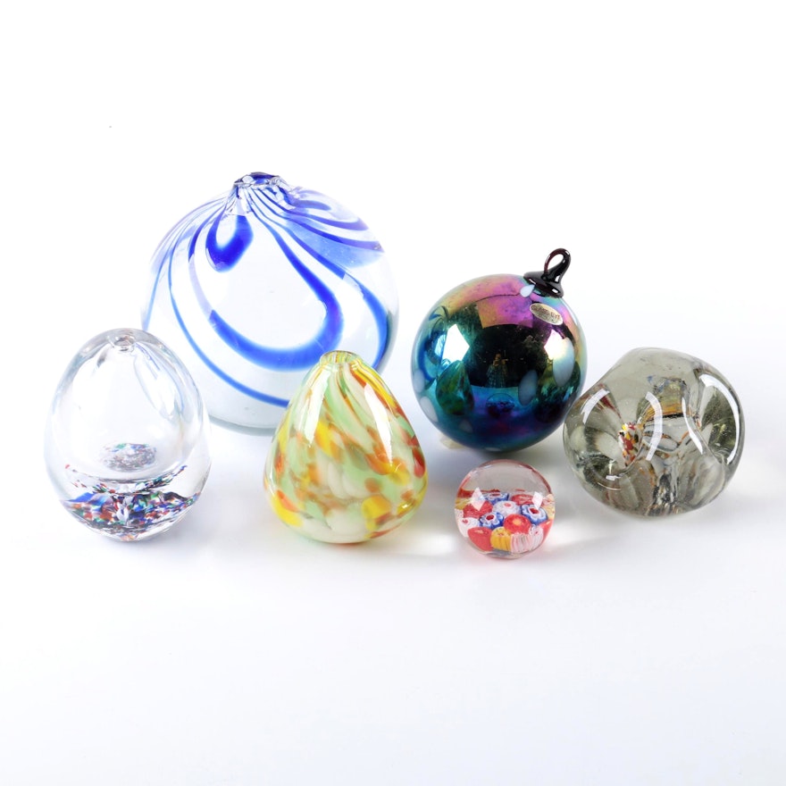 Art Glass Paperweights and Oil Lamps Including Glass Eye Studio