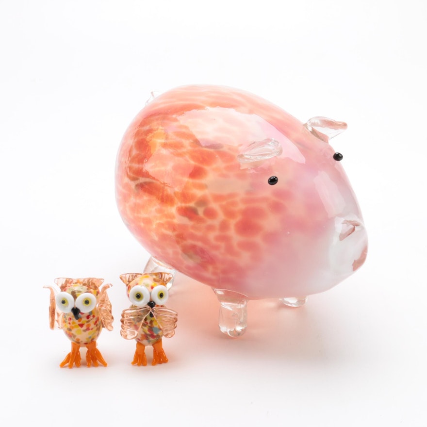 Murano Style Art Glass Owl and Pig Figurines