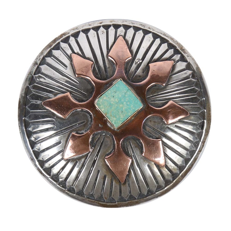 900 Silver, Turquoise, and Red Brass Belt Buckle