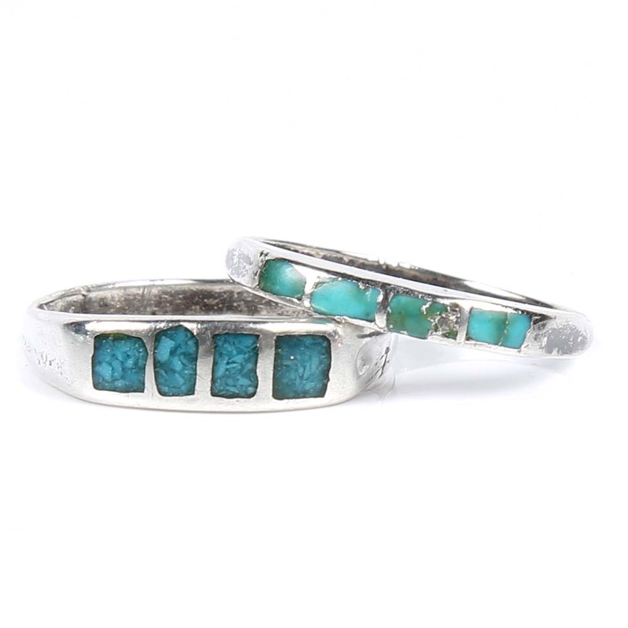 Pair of Sterling Silver and Turquoise Accent Rings