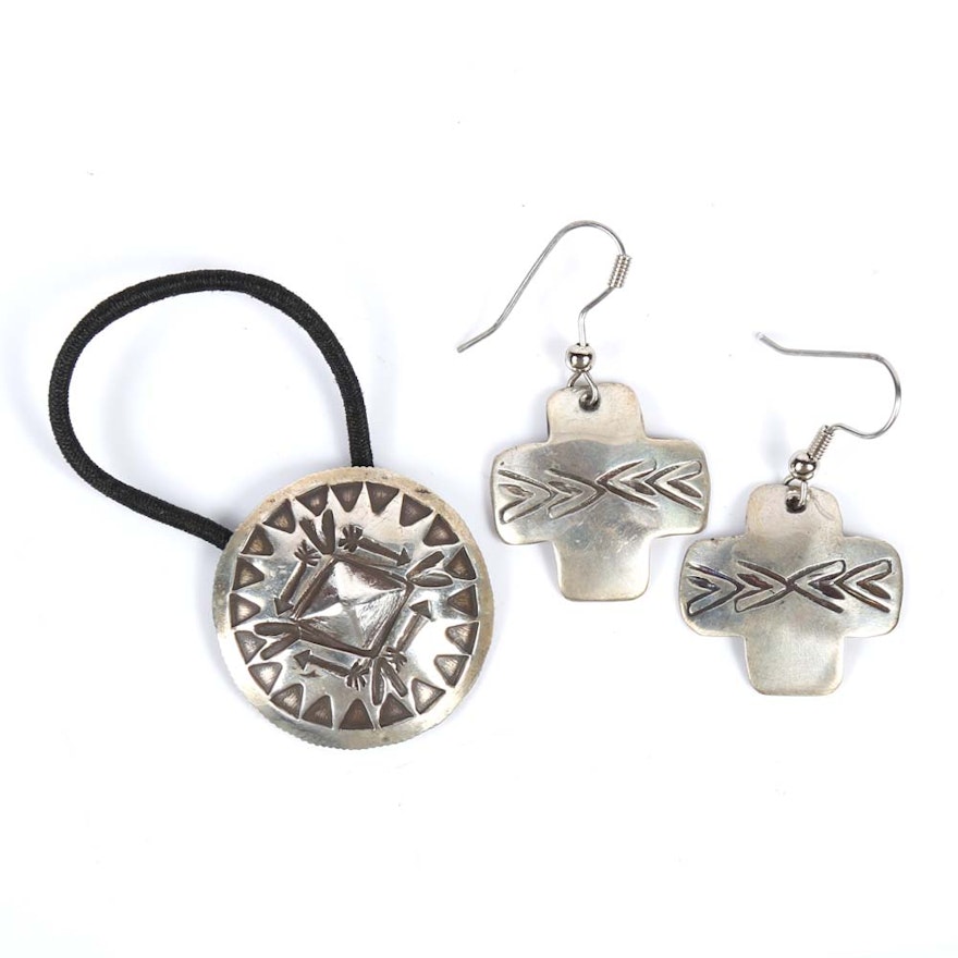 900 Silver Southwestern Style Earrings and Hair Tie